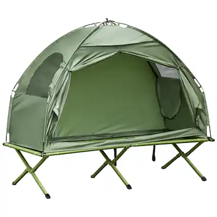 Front. Outsunny - Camping Tent Cot, Single Person Folding Cot Combo, Off-Ground Tent, Covered Outdoor Bed with Carry Bag - Green.