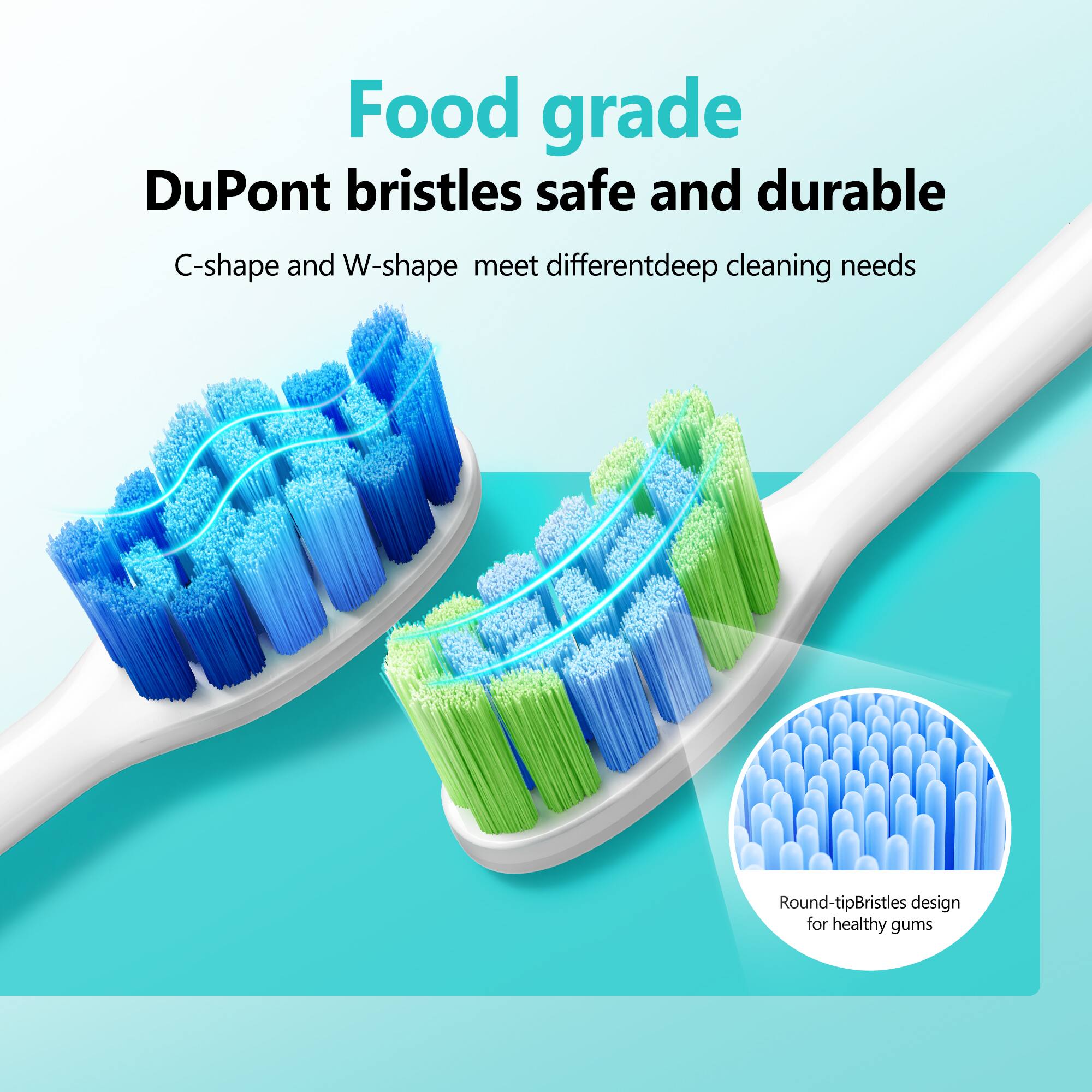 Food grade DuPont bristles safe and durable C-shape and W-shape meet different deep cleaning needs Round-tip bristles design for healthy gums
