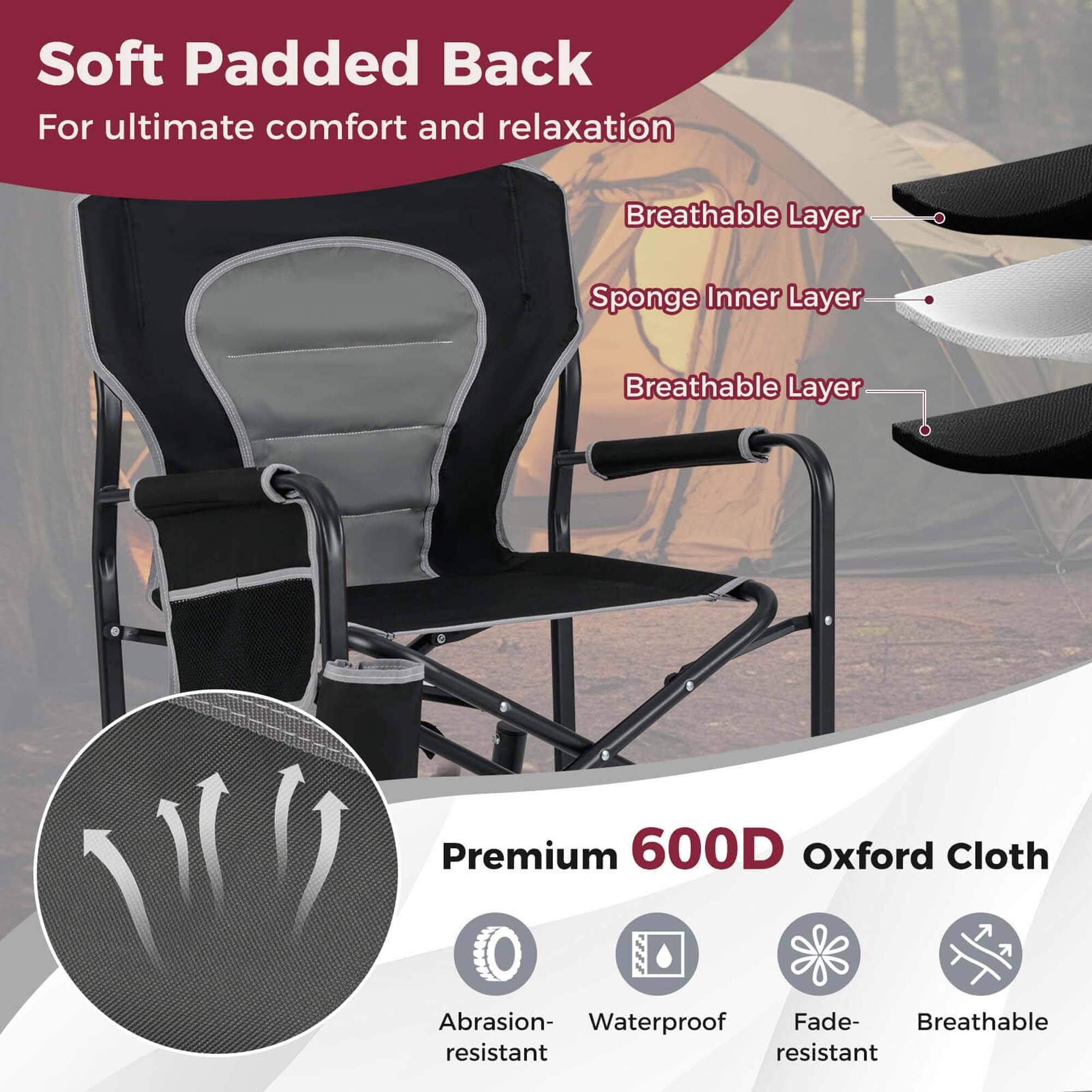 Soft Padded Back  
For ultimate comfort and relaxation  

Breathable Layer  
Sponge Inner Layer  
Breathable Layer  

Premium 600D Oxford Cloth  

- Abrasion-resistant  
- Waterproof  
- Fade-resistant  
- Breathable