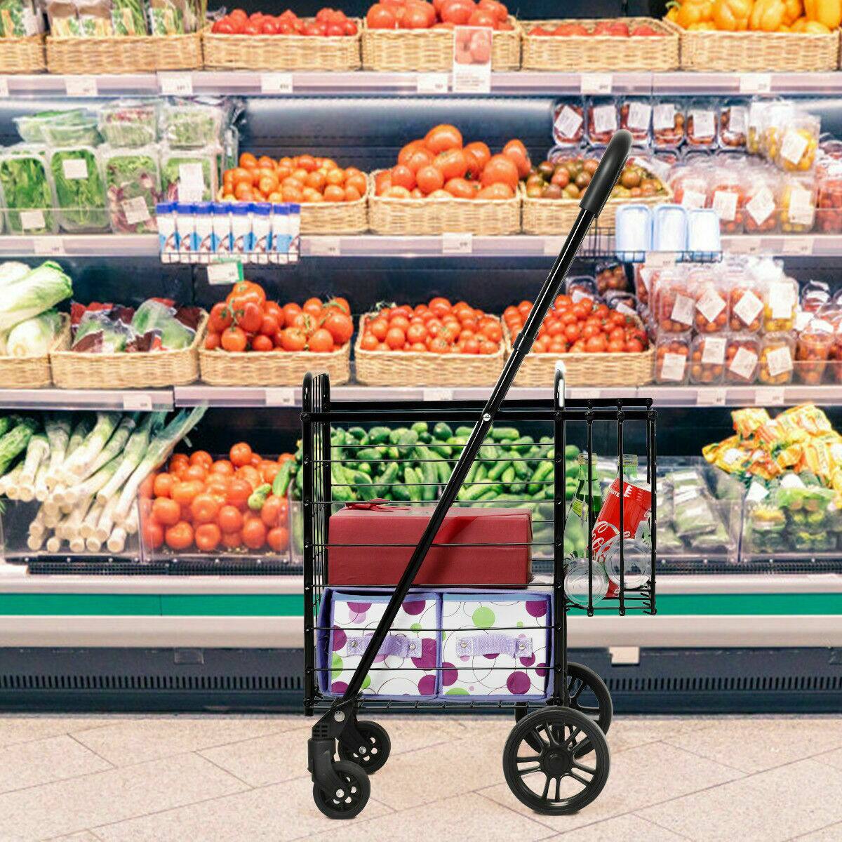 Alt View 12. Costway - Folding Shopping Cart Jumbo Basket Rolling Utility Trolley with Adjustable Handle - Black.
