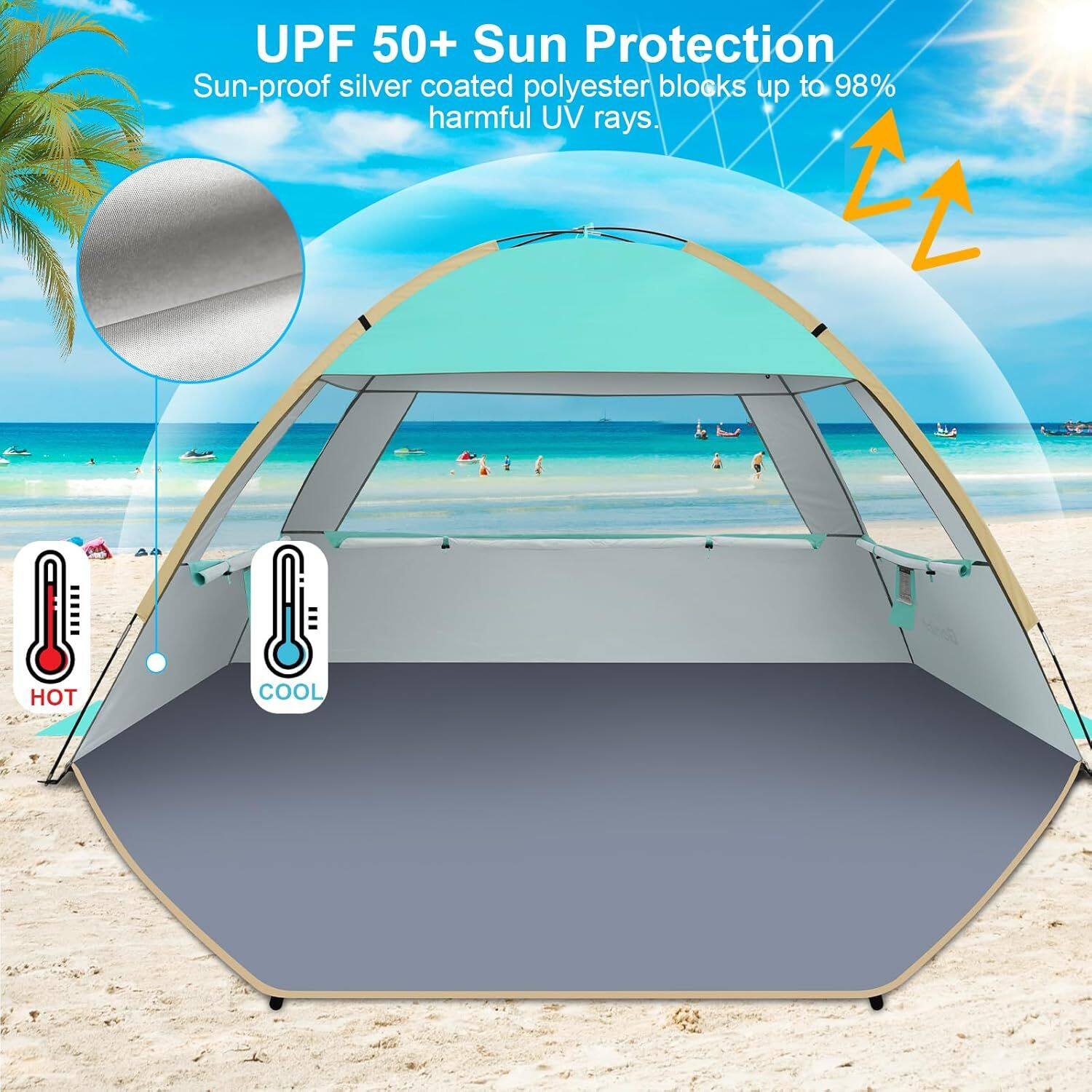 UPF 50+ Sun Protection  
Sun-proof silver coated polyester blocks up to 98% harmful UV rays.  
HOT COOL