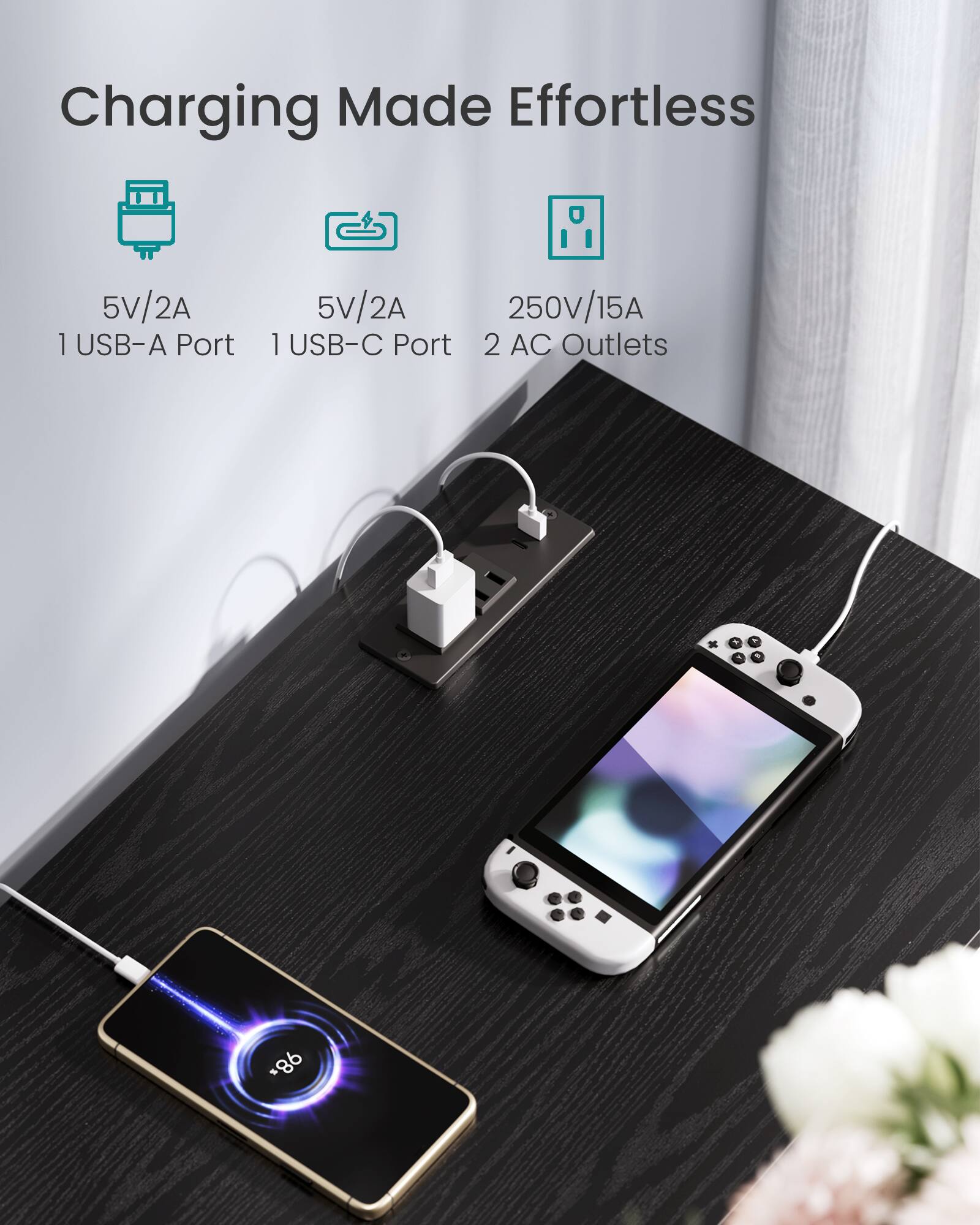 Charging Made Effortless  
5V/2A 1 USB-A Port  
5V/2A 1 USB-C Port  
250V/15A 2 AC Outlets  
*86