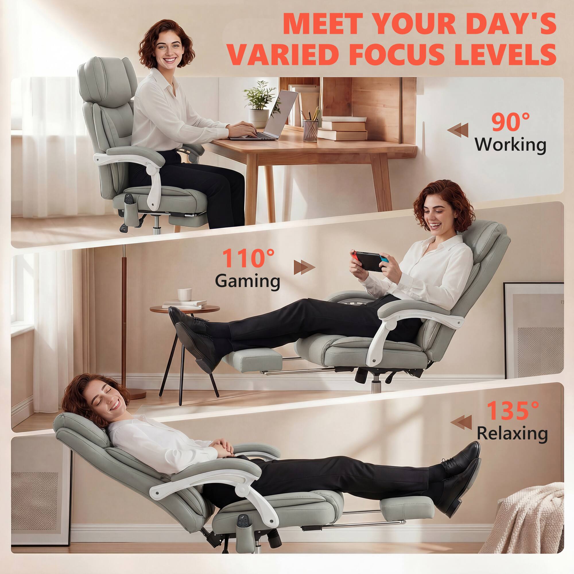 Meet your day's varied focus levels

90° Working

110° Gaming

135° Relaxing