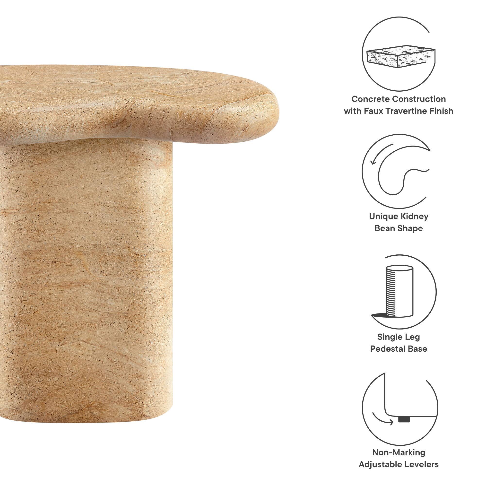 Concrete Construction with Faux Travertine Finish  
Unique Kidney Bean Shape  
Single Leg Pedestal Base  
Non-Marking Adjustable Levelers