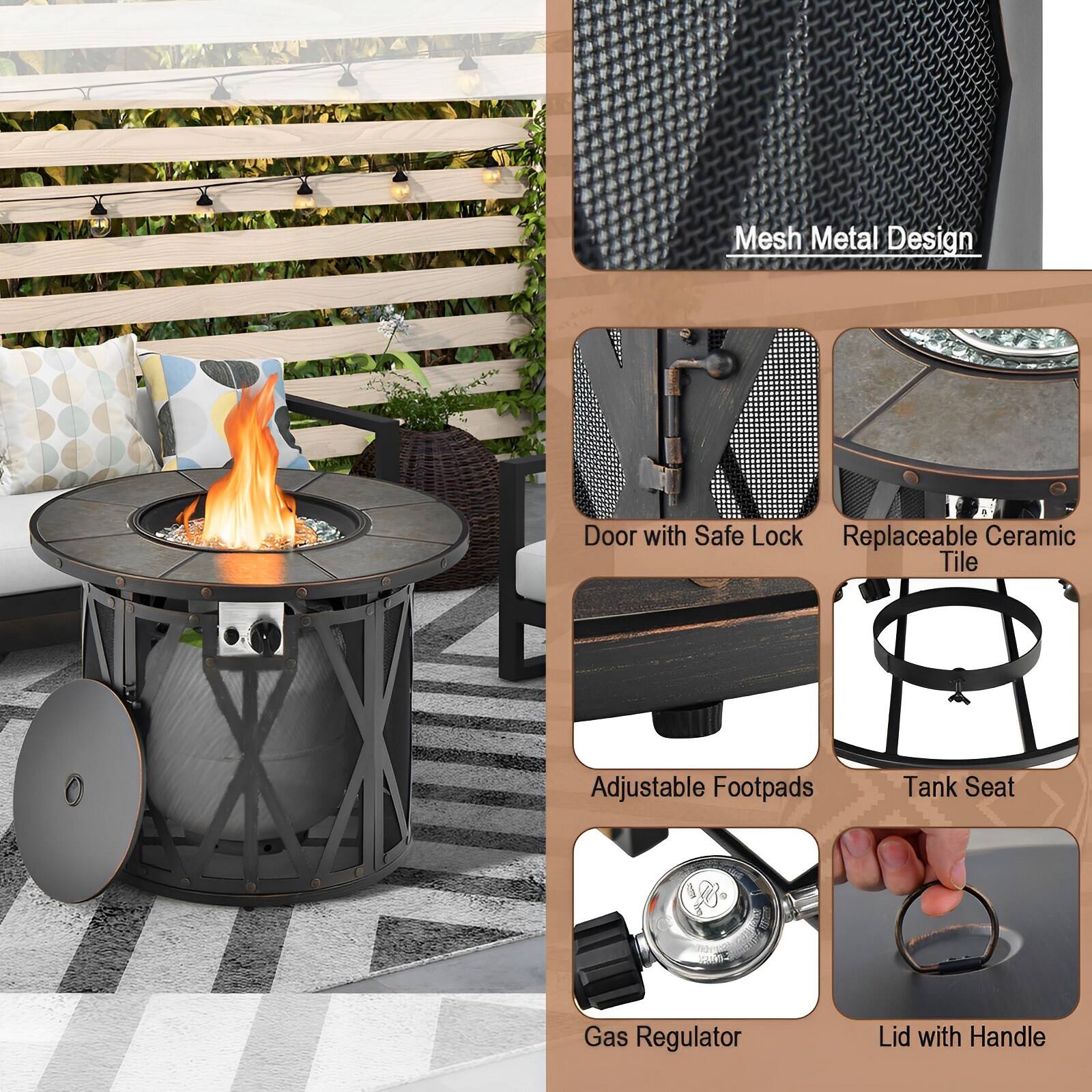 Mesh Metal Design Door with Safe Lock Replaceable Ceramic Tile Adjustable Footpads Tank Seat B Gas Regulator Lid with Handle