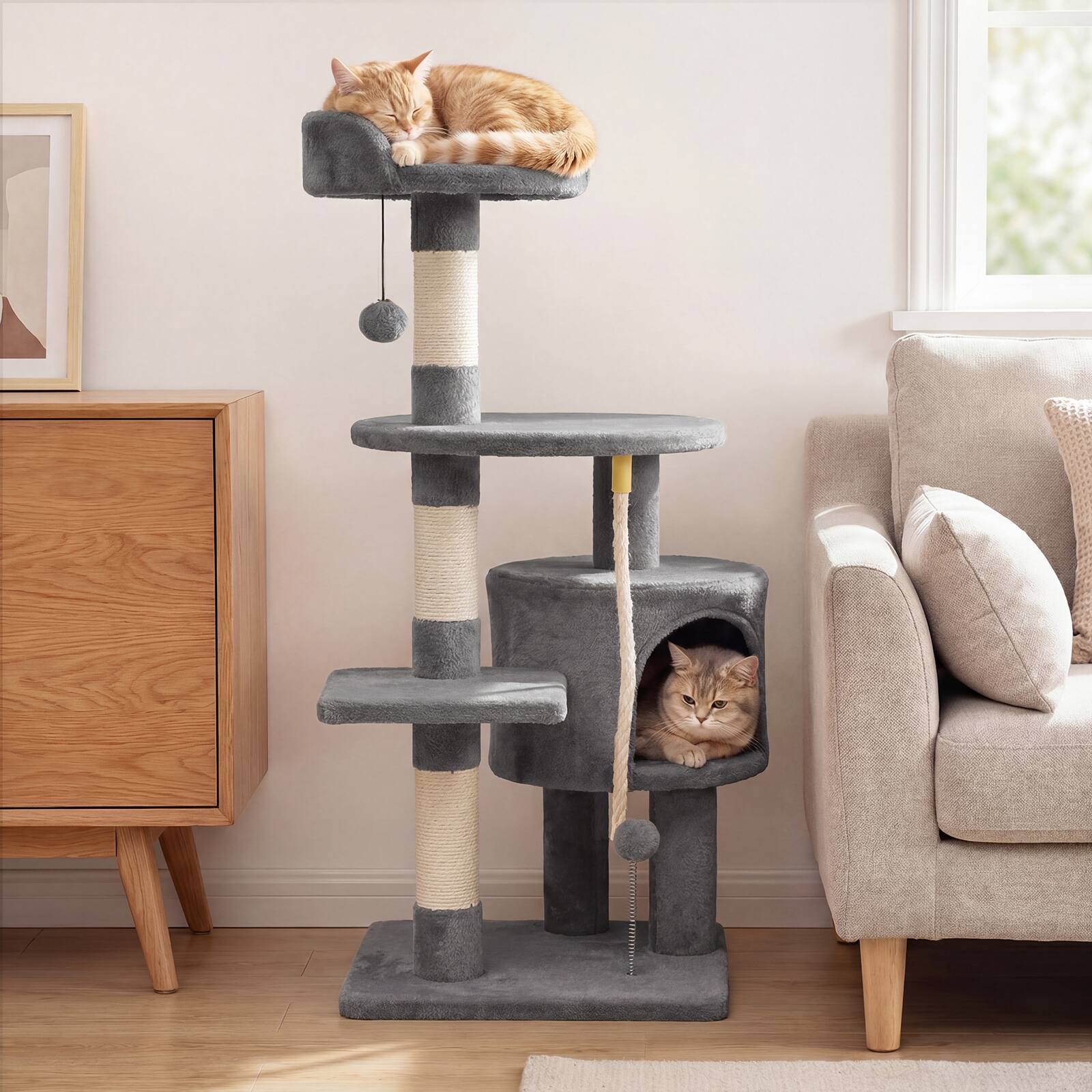 Alt View 3. Gymax - Gymax Cat Tree 36'' Cat Tower w/CondoTop Perch Sisal Scratching Posts & Hanging Rope Light Gray.
