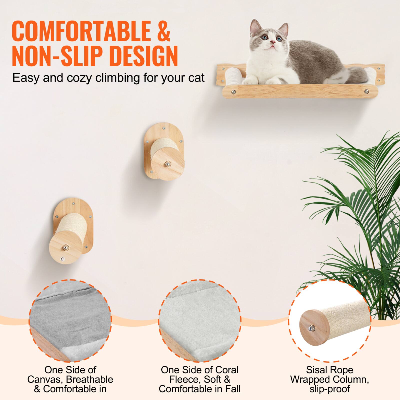 COMFORTABLE & NON-SLIP DESIGN  
Easy and cozy climbing for your cat  

One Side of Canvas, Breathable & Comfortable  
One Side of Coral Fleece, Soft & Comfortable in Fall  
Sisal Rope Wrapped Column, slip-proof