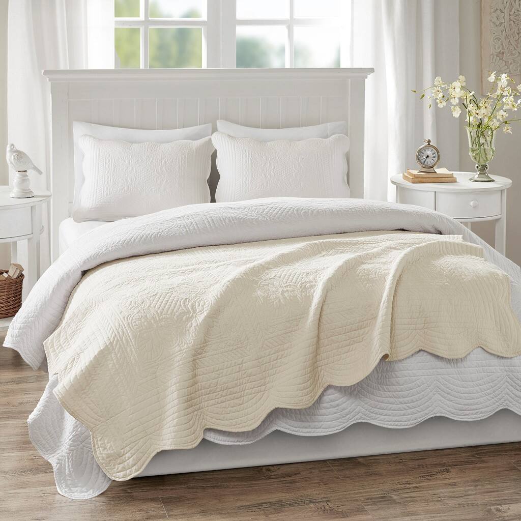 Alt View 2. Gracie Mills - Gracie Mills Salvatore Oversized Stitched Scalloped Edges Throw Blanket - Cream.