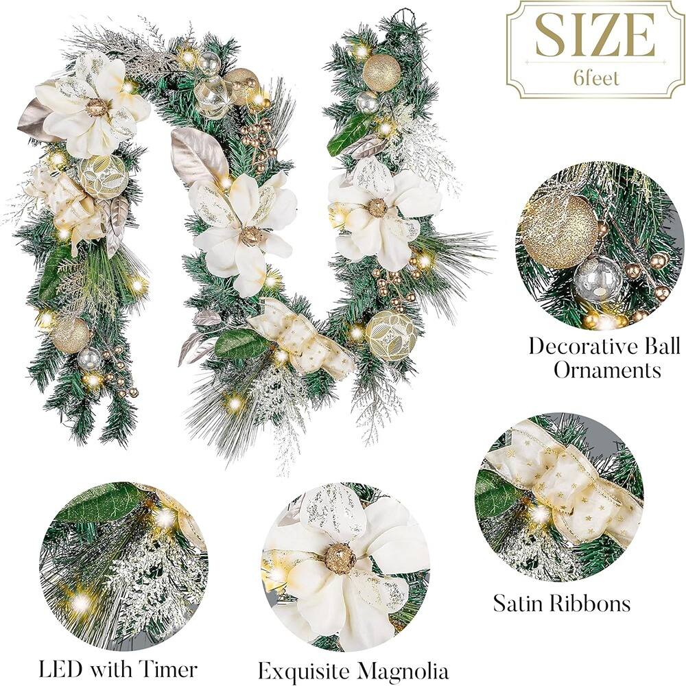 - SIZE 6 feet
- Decorative Ball Ornaments
- Satin Ribbons
- LED with Timer
- Exquisite Magnolia