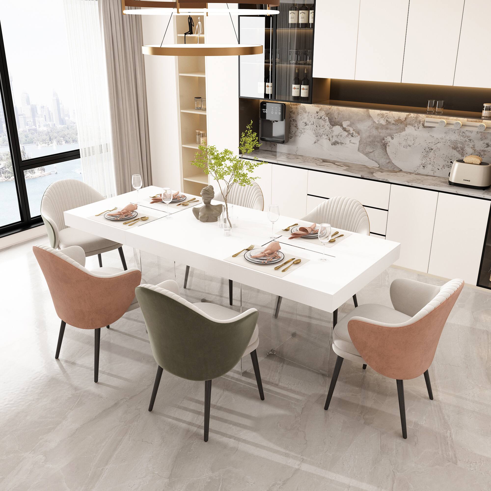 Alt View 7. FUFU & GAGA - Modern Dining Table with Tempered Glass Legs, Minimalist Rectangular Table for Dining Room or Living Room - White.