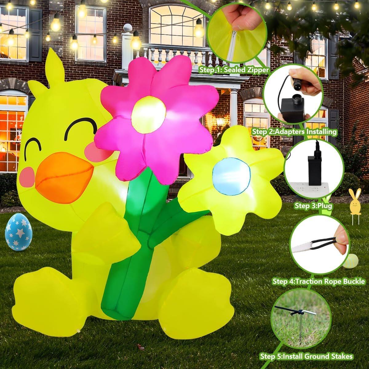 Step 1: Sealed Zipper  
Step 2: Adapters Installing  
Step 3: Plug  
Step 4: Traction Rope Buckle  
Step 5: Install Ground Stakes