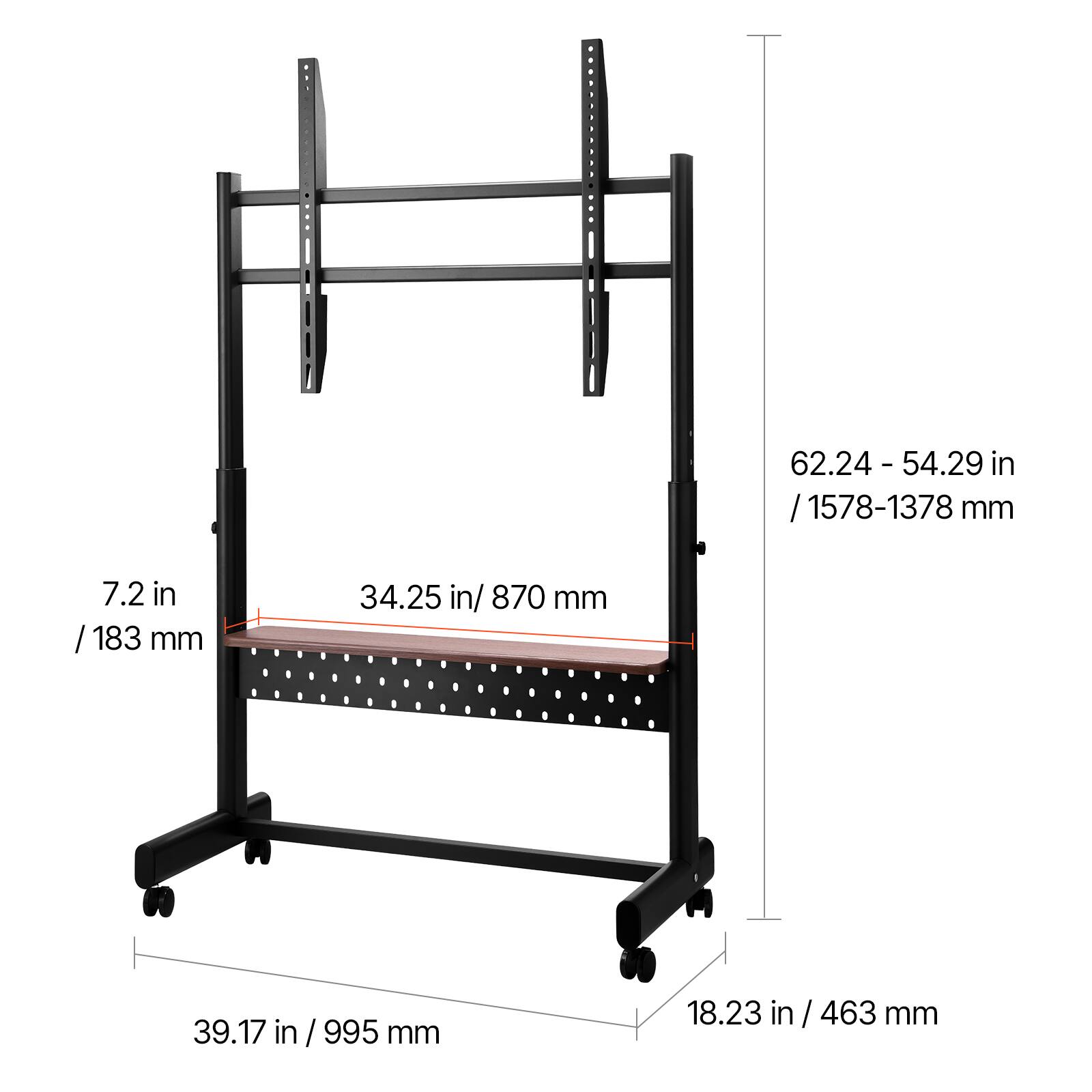 The text on the image is grouped as follows:

- Height: 62.24 - 54.29 in / 1578-1378 mm
- Width: 39.17 in / 995 mm
- Depth: 18.23 in / 463 mm
- Shelf height: 7.2 in / 183 mm
- Shelf length: 34.25 in / 870 mm