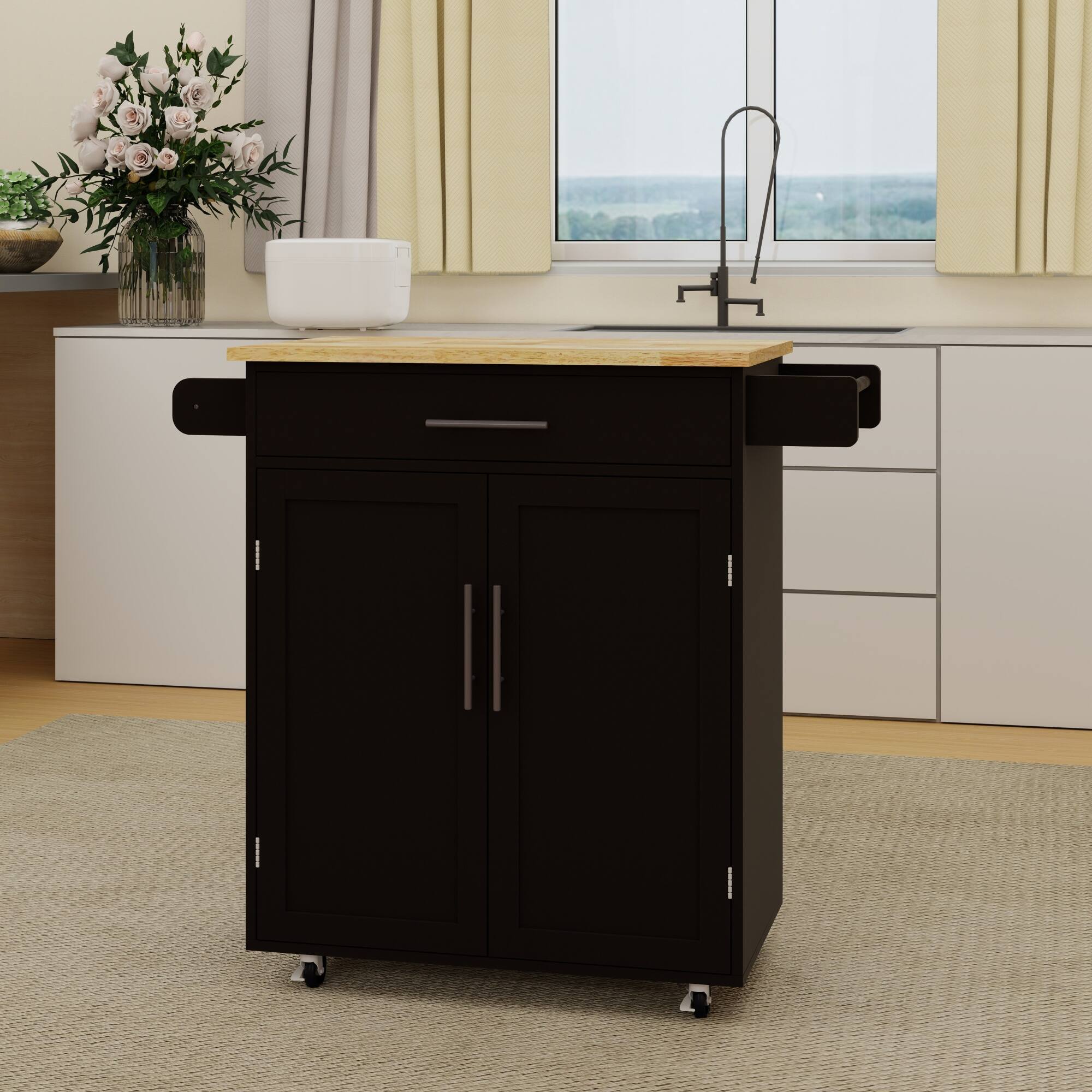 Alt View 7. ELEMENT ACE - Versatile Kitchen Island Cart with Adjustable Shelves, Drawer, Doors, Towel Rack, and Seasoning Rack - Black.