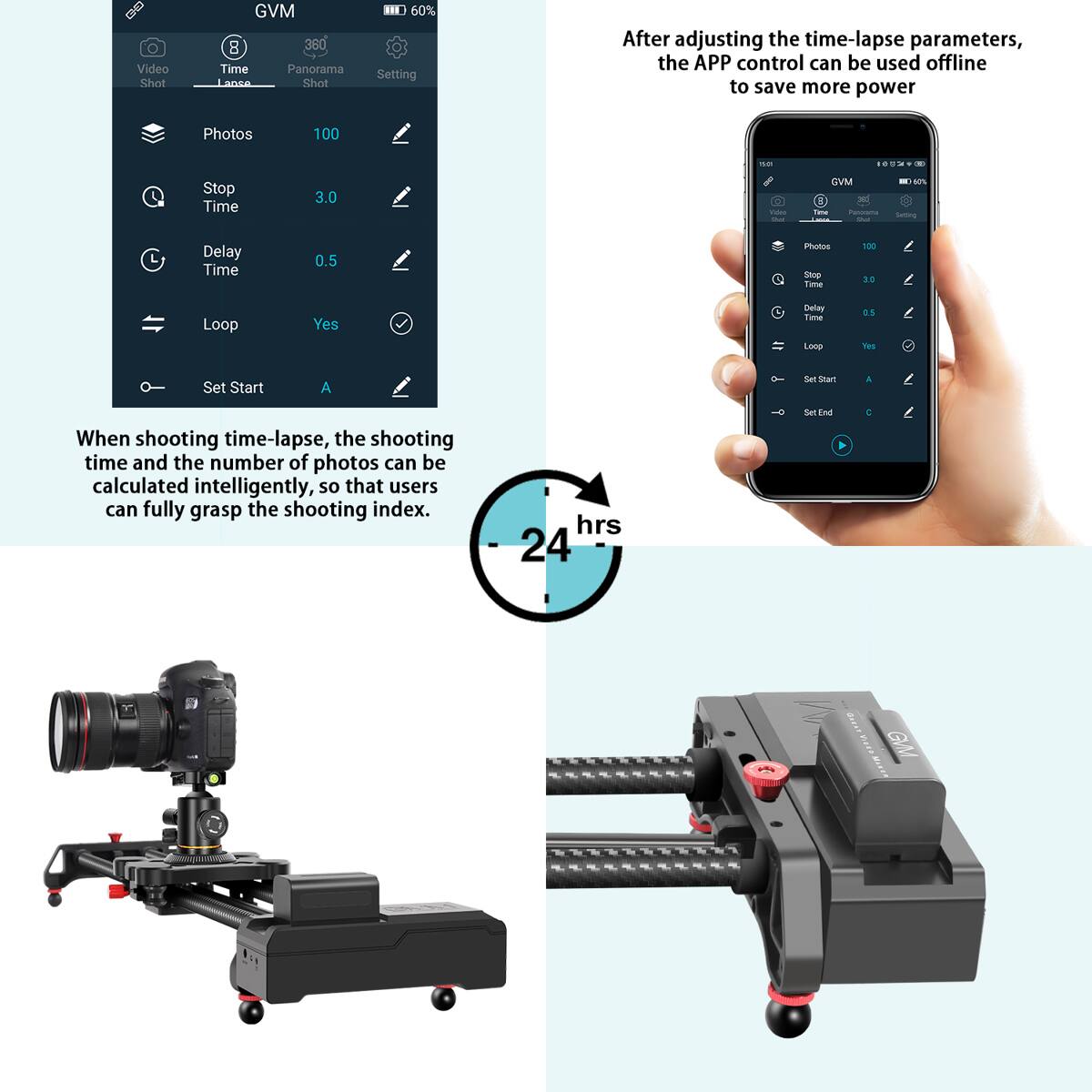 Video Shot GVM B 360 Time Panorama CA Shot 60% Setting After adjusting the time-lapse parameters, the APP control can be used offline to save more power Photos 100 ne - Stop Time 3.0 stes I GVM 5  i | i ain Sumng Delay Time 0.5 Photos Stop tme 100 . Loop Yes Colay Tune Loop 5 Tes Set Start A Set Smar A When shooting time-lapse, the shooting time and the number of photos can be calculated intelligently, so that users can fully grasp the shooting index. hrs 24 Set tn
