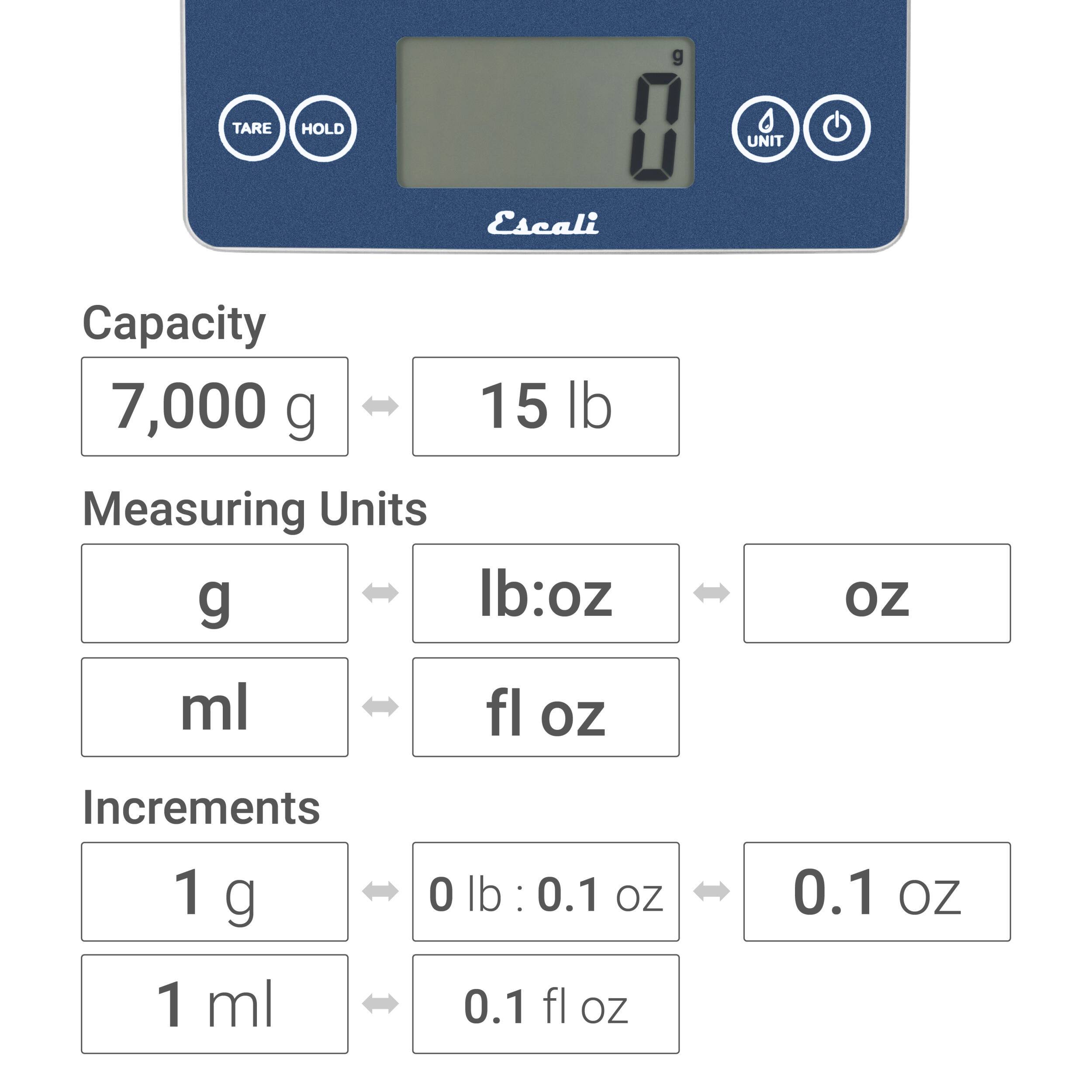 Escali
Capacity
7,000 g
15 lb
Measuring Units
g
Ib:oz
oz
ml
fl oz
Increments
1 g
0 lb : 0.1 oz
0.1 oz
1 ml
0.1 fl oz
