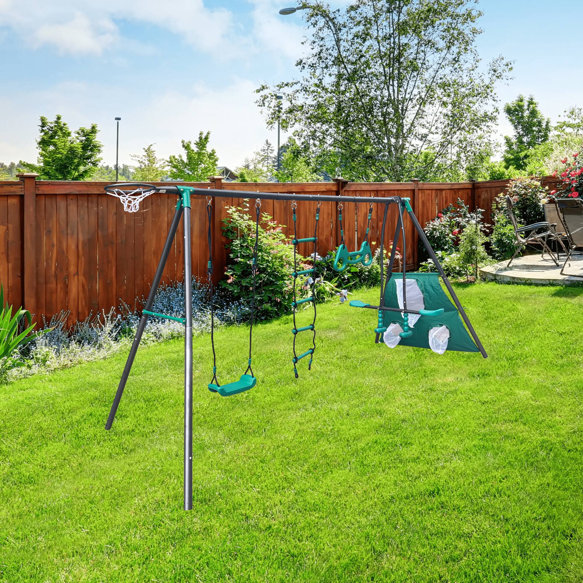 Angle. Loheer - 12.6 ft Four Function Swing Set with Face-to-Face Seat, Climbing Ladder and Sports Play - Blackish Green.