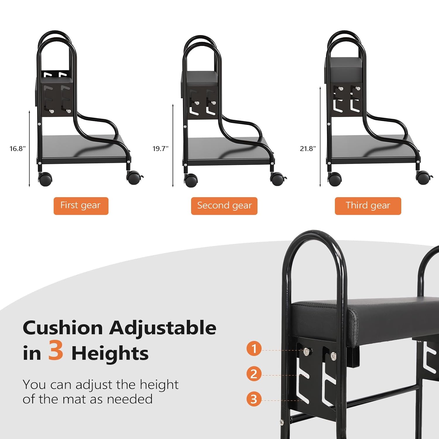 16.8" 19.7" 21.8" First gear Second gear Third gear Cushion Adjustable in 3 Heights You can adjust the height of the mat as needed 1 2 3