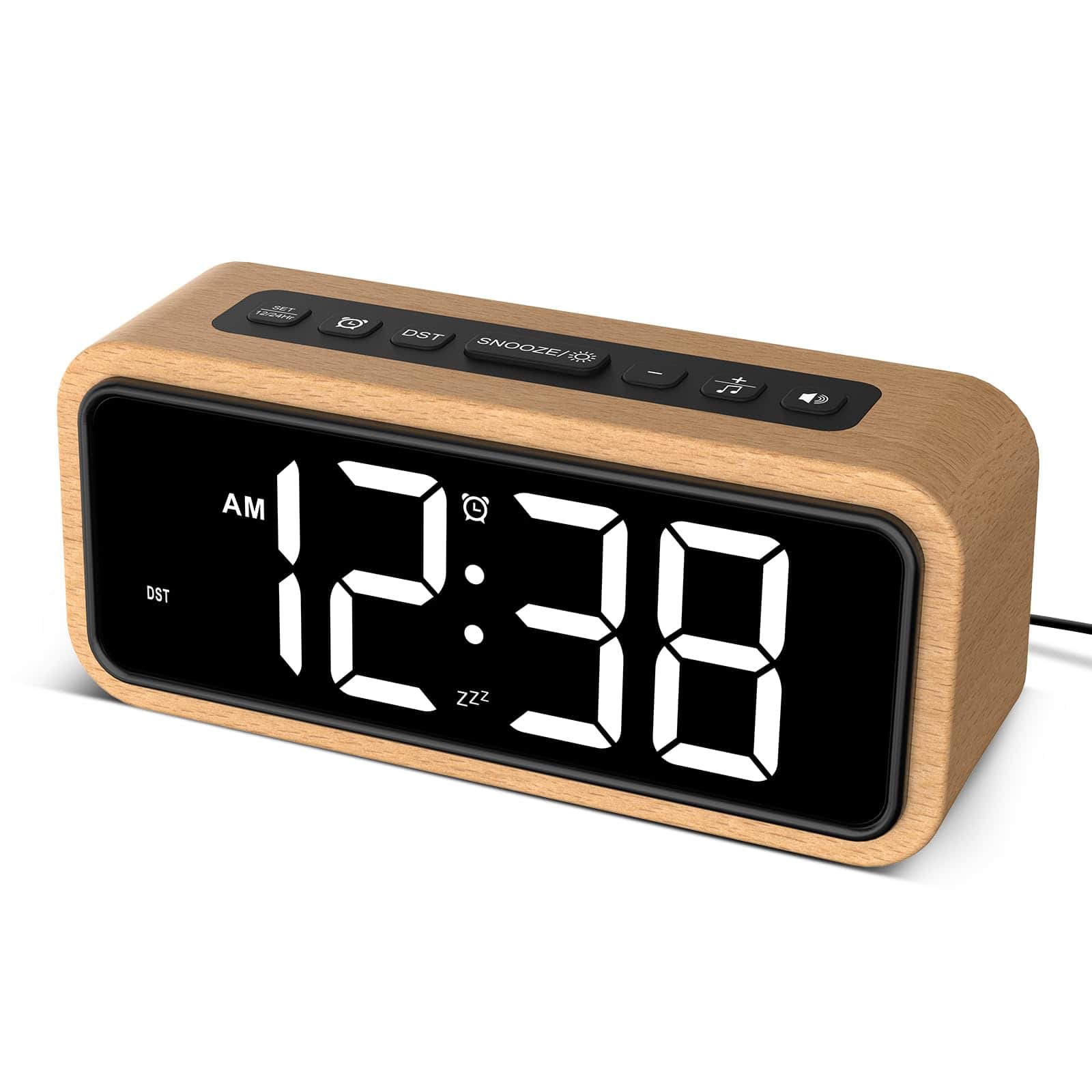Dazzed Corner - Wooden Alarm Clock, Loud Digital Plug-in Clock - Wood