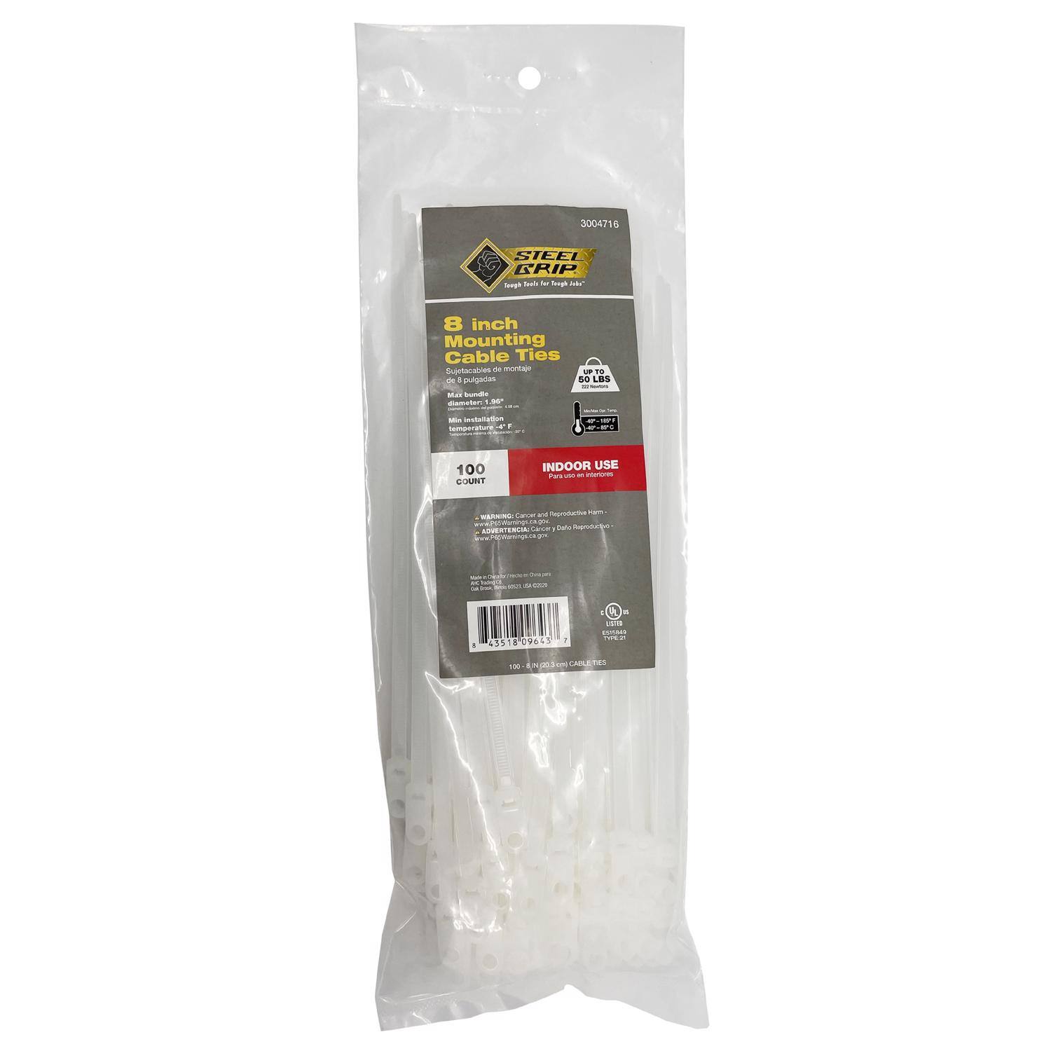 3004716  
STEEL STRIP  
8 inch Mounting Cable Ties  
100 COUNT  
INDOOR USE  
UP TO 50 LBS  
WARNING:  
ADVERTENCIA:  
100