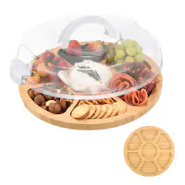 Unique Bargains - Round Charcuterie Board with Lid & Handle, Portable Cheese Board, Bamboo Cutting Board, Gifts - White