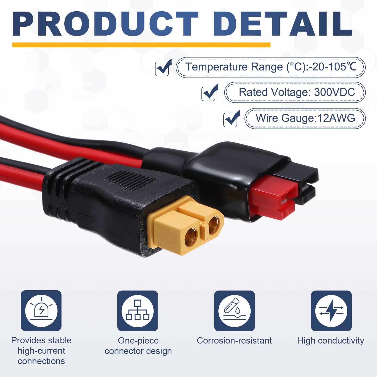 PRODUCT DETAIL

Temperature Range (°C): -20-105°C  
Rated Voltage: 300VDC  
Wire Gauge: 12AWG  

Provides stable high-current connections  
One-piece Corrosion-resistant High conductivity connector design