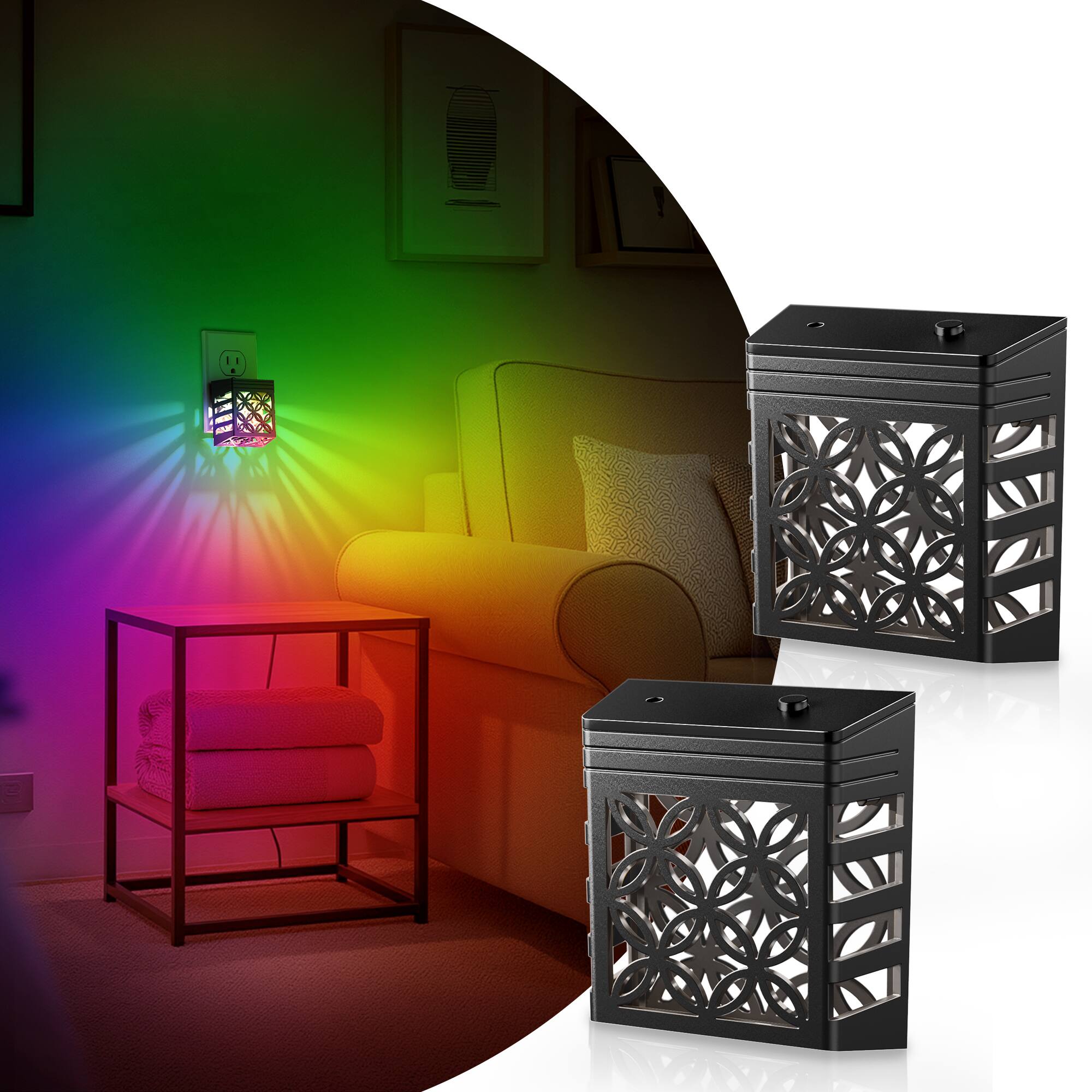 Angle. Jandcase - JANDCASE 2-Pack 0.5W Plug-in Night Light, RGB Color Changing, Solar-Inspired Decorative Design, Dusk-to-Dawn Sensor - Black.