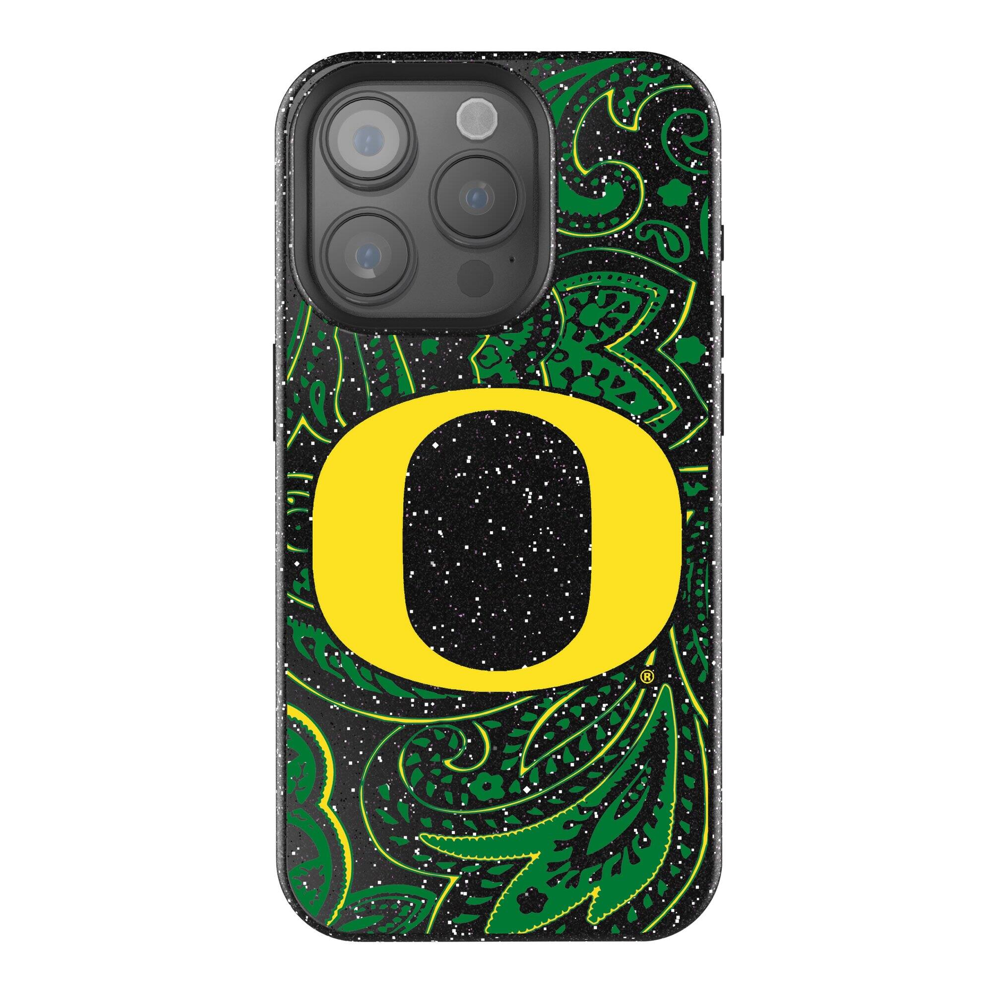 Front. Keyscaper - Oregon Ducks Paisley Bling iPhone Case - 15 Pro - Black.