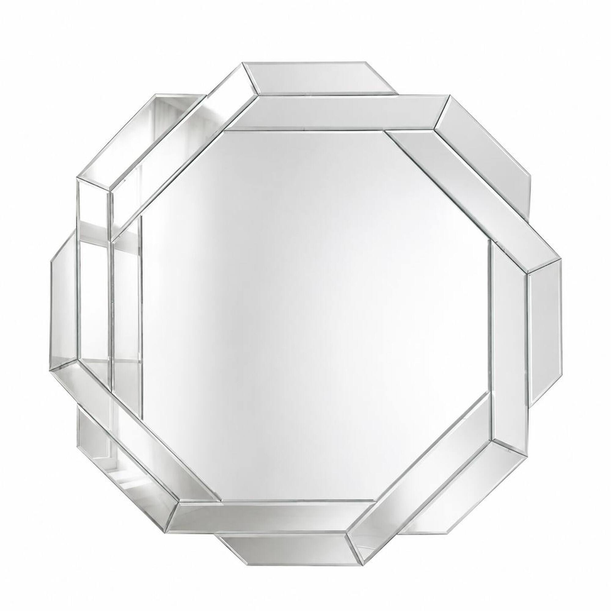 Front. RYHNUYNE - 29.92 Inch Octagonal Frameless Wall Mirror, Beveled Edge Glass, Modern Geometric Decor for Bathroom and Hallway - Silver.