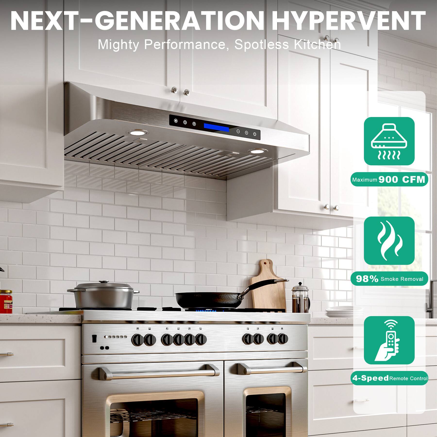 NEXT-GENERATION HYPERVENT  
Mighty Performance, Spotless Kitchen  

- Maximum 900 CFM  
- 98% Smoke Removal  
- 4-Speed Remote Control