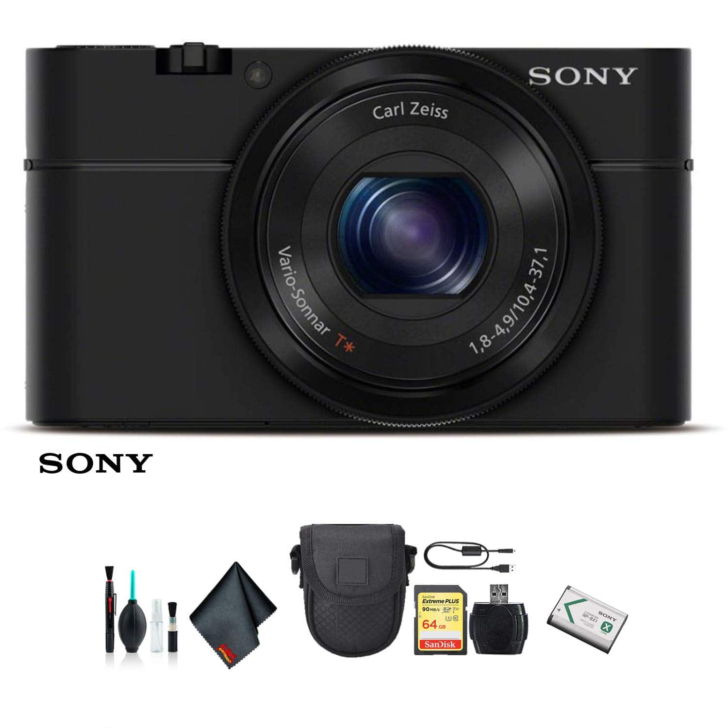 Sony - Cyber-Shot DSC-RX100 Camera DSCRX100/B with Soft Bag, 64GB Memory Card, Card Reader, Plus Essential Accessories