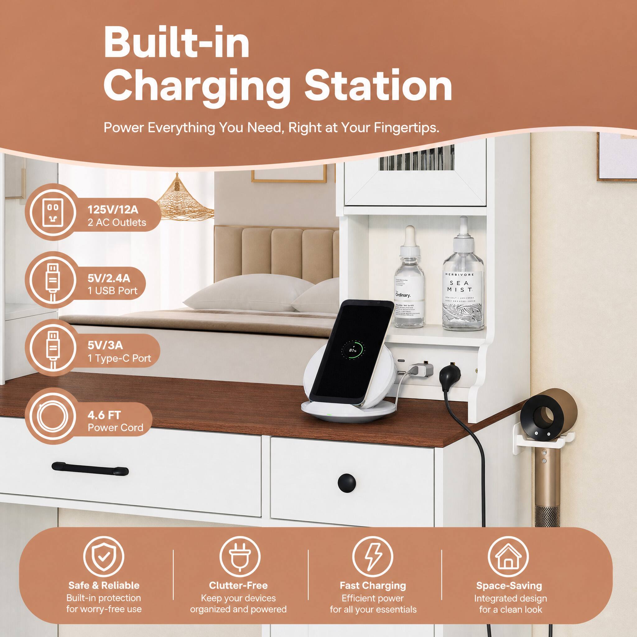 Built-in Charging Station  
Power Everything You Need, Right at Your Fingertips.

- 125V/12A 2 AC Outlets
- 5V/2.4A 1 USB Port
- 5V/3A 1 Type-C Port
- 4.6 FT Power Cord

Safe & Reliable  
Built-in protection for worry-free use

Clutter-Free  
Keep your devices organized and powered

Fast Charging  
Efficient power for all your essentials

Space-Saving  
Integrated design for a clean look