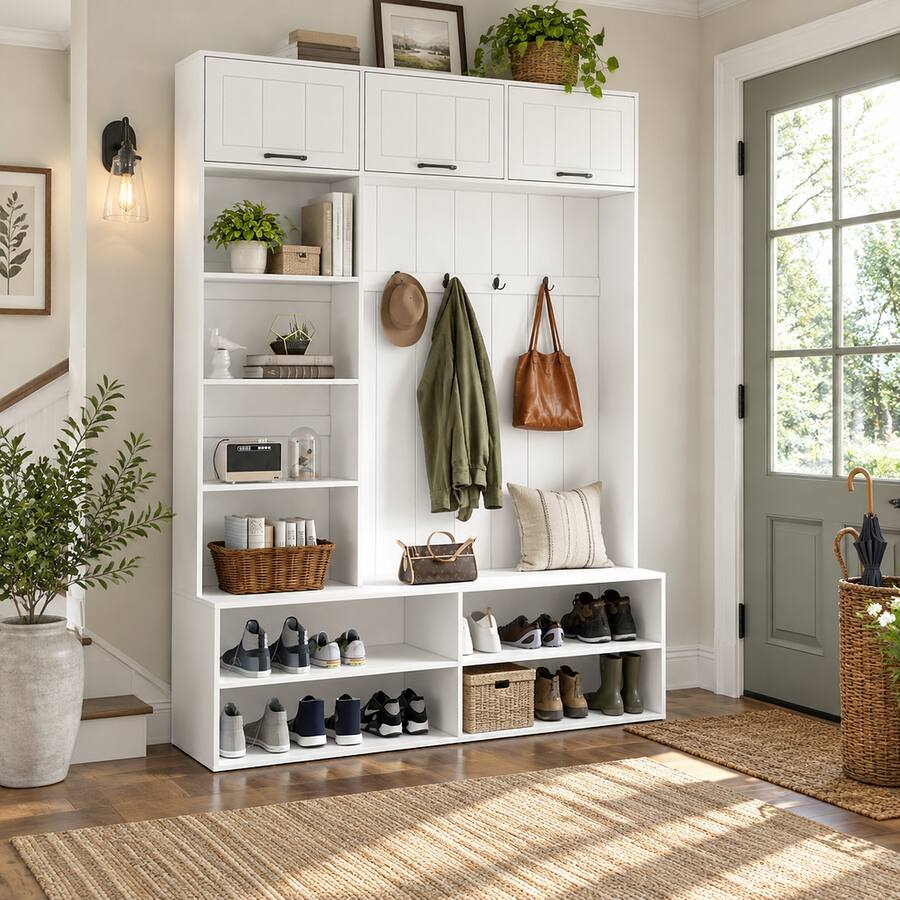 White Entry Bench RYHNUYNE VIBE HAUS 76.9 in Farmhouse Hall Tree, Entryway Bench with ...