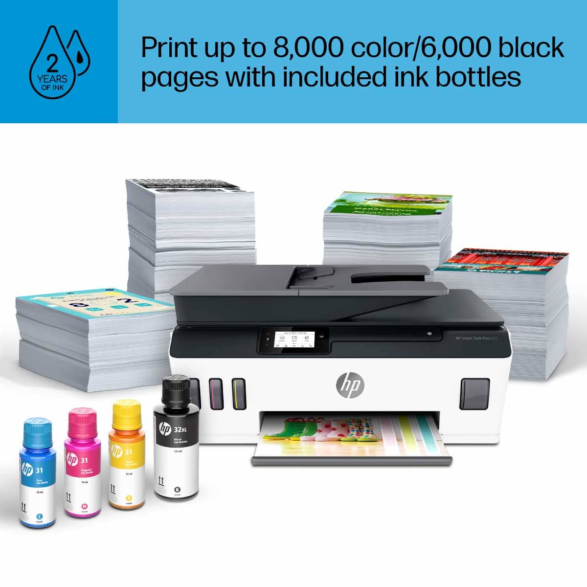 2 YEARS OF INK: Print up to 8,000 color/6,000 black pages with included ink bottles.