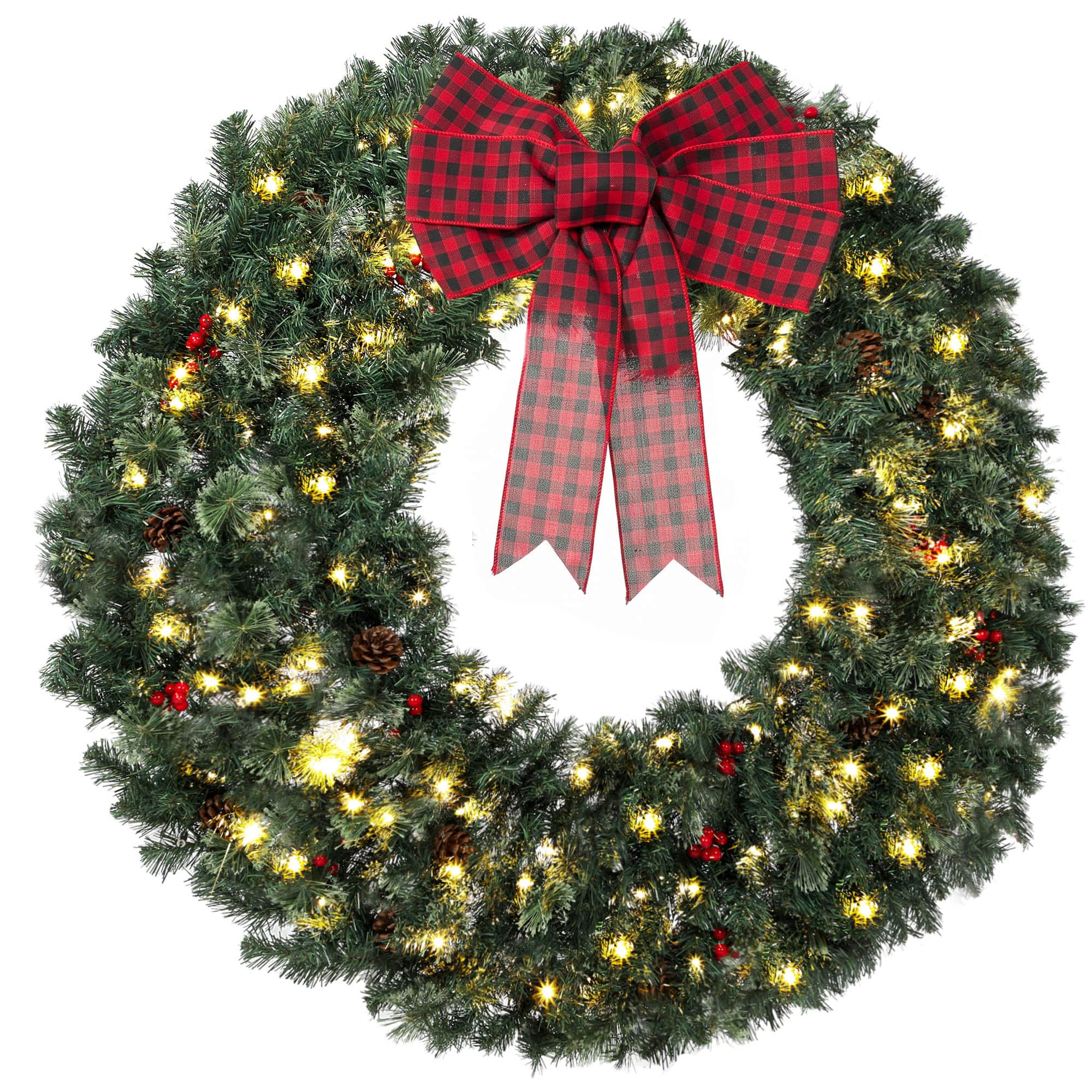Homcom - Prelit Crestwood Spruce Artificial Christmas Wreath, Christmas Decor with Bow, 8 Modes - Green