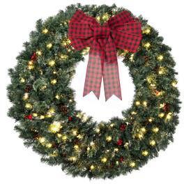 Homcom - Prelit Crestwood Spruce Artificial Christmas Wreath, Christmas Decor with Bow, 8 Modes - Green