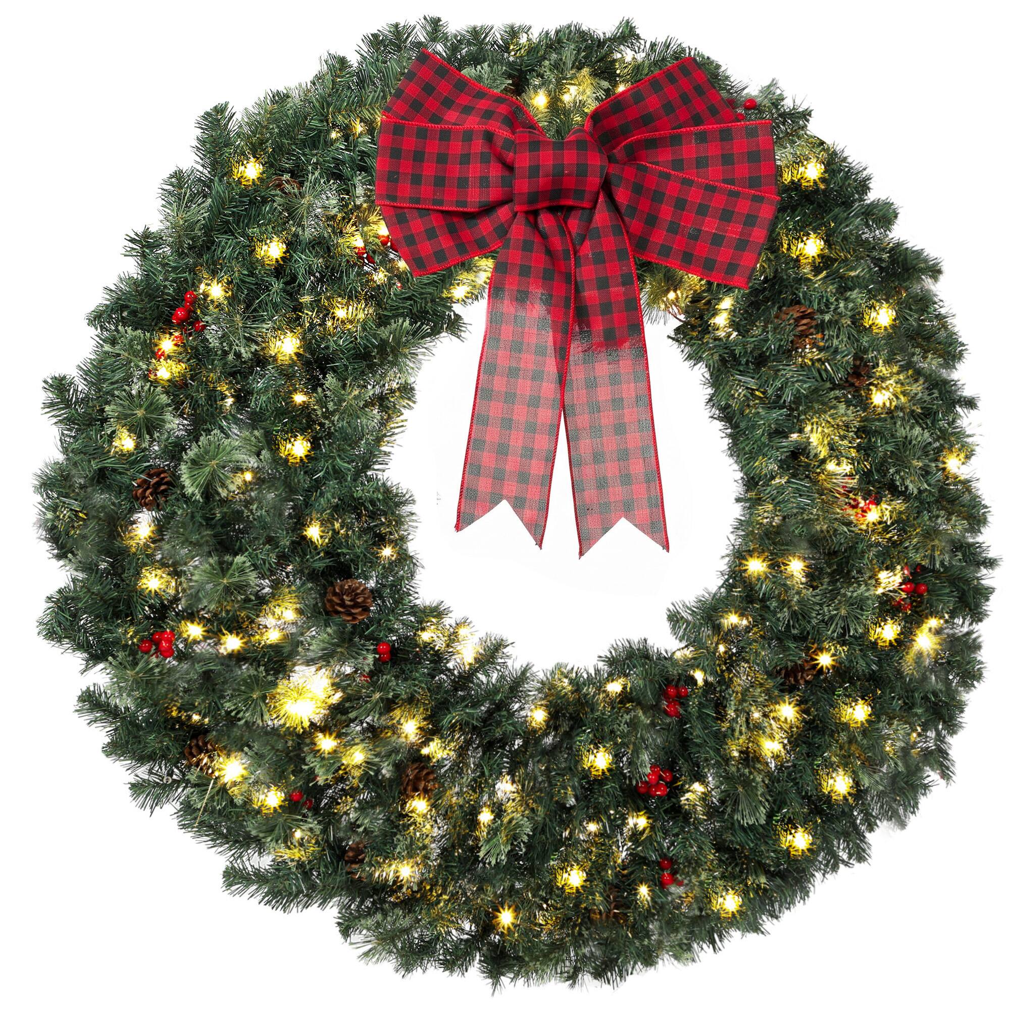 Front. Homcom - Prelit Crestwood Spruce Artificial Christmas Wreath, Christmas Decor with Bow, 8 Modes - Green.