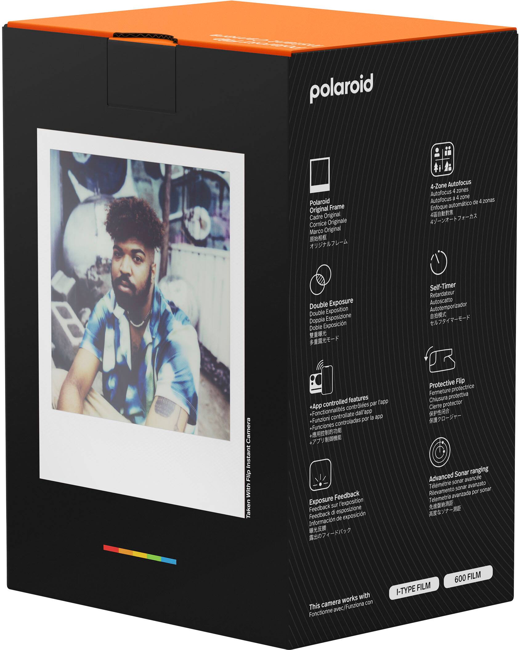 Polaroid, Polaroid Original Frame, Cadre Original, Comice Originale, Marco Original, 4-Zone Autofocus, Autofocus 4 zones, d 4 z0ne, Autofocus de 1 zonas, Enfoque automtico 4, Double Exposure, Double Exposition, Doppia Esposizione, Doble Exposicin, Self-Timer, Self-Timer, Retardateur, Autoscatto, Autotemporizador, Camera Instant Flip With Taken, Tapp, App contrles par, Fonctionnalits controllate dal'apo l app, Funzioni controladas por, Funciones, Feedback, Exposure sur l'exposition, Feedback 5 esposizione, Feedback de exposicin, Informacin, Protective Flip, Fermeture protectrice, Chiusura protectiva, Cierre protector, Sonar ranging, Advanced senar avance, Tlmtrie sonar avatzato, Rilevamento por sonar, Telemetria avanzada, works with camera, Funziona con, This avec, Fonctionne, I-TYPE FILM, 600 FILM