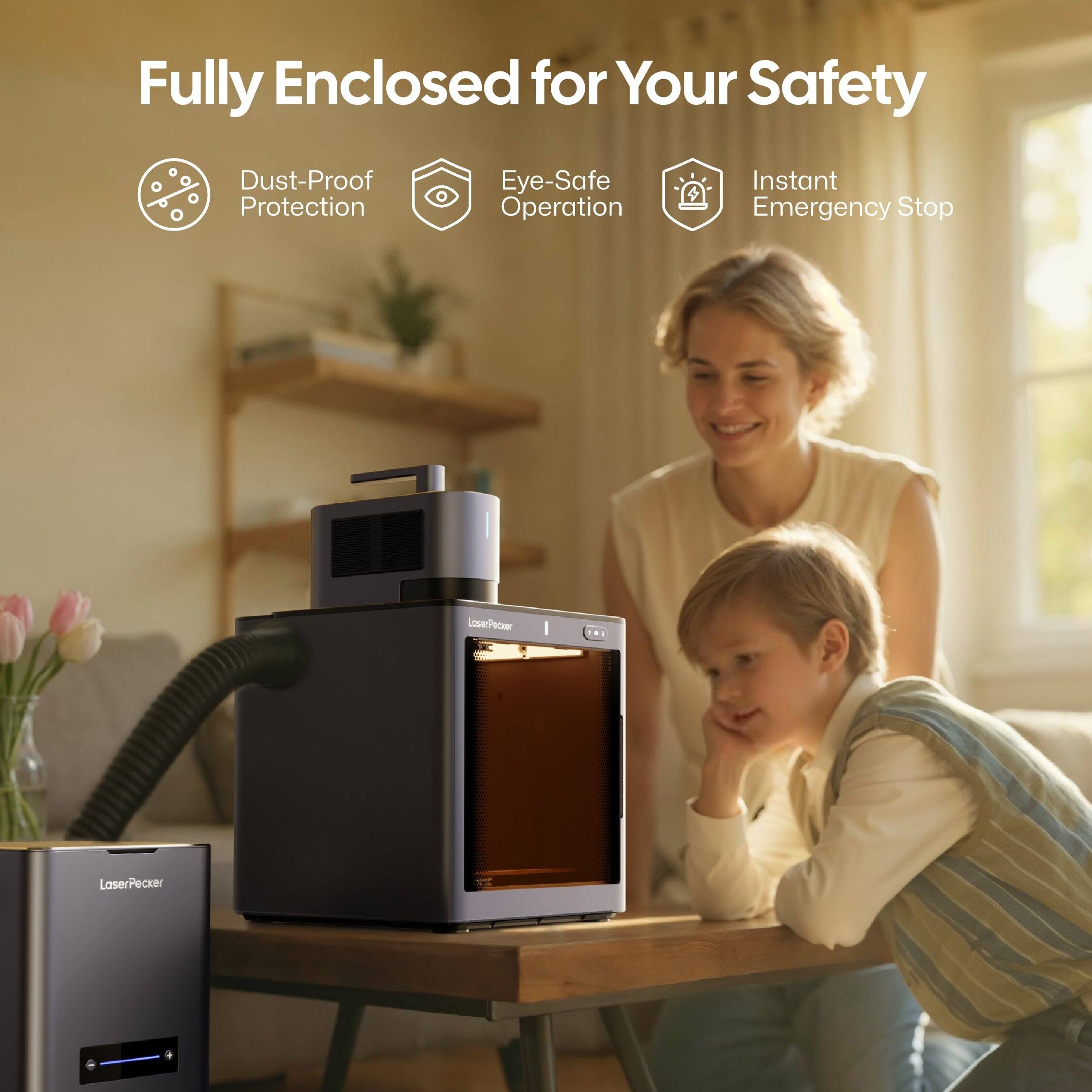 Fully Enclosed for Your Safety

- Dust-Proof Protection
- Eye-Safe Operation
- Instant Emergency Stop