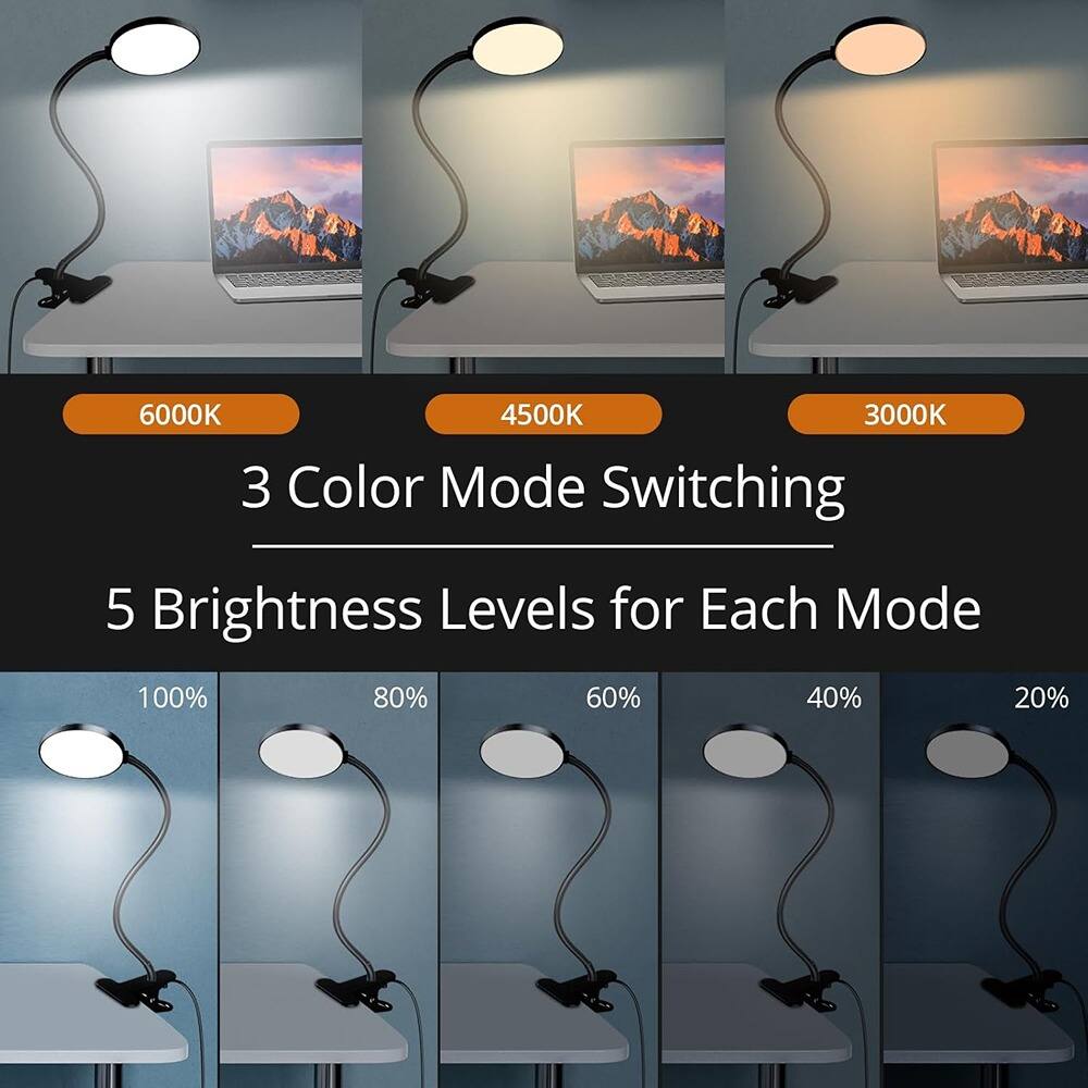 6000K 4500K 3000K  
3 Color Mode Switching  
5 Brightness Levels for Each Mode  
100% 80% 60% 40% 20%