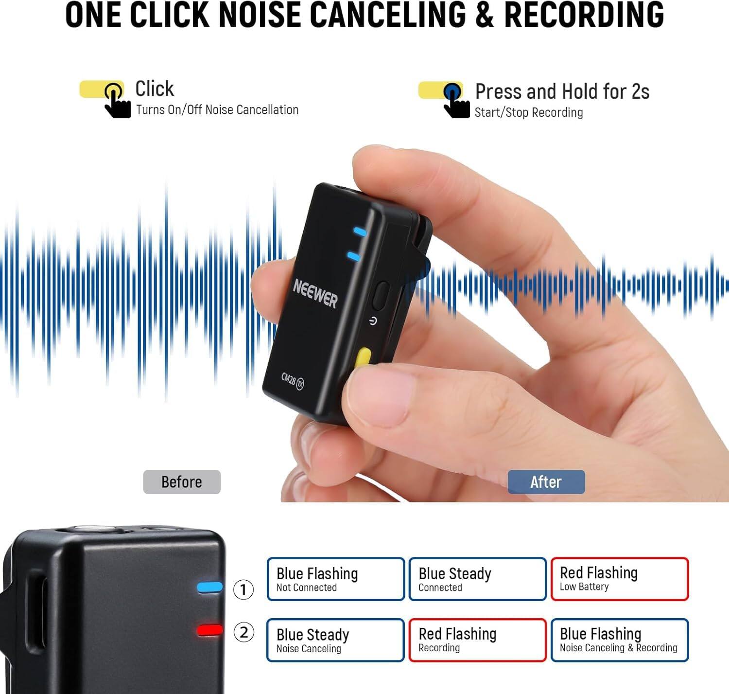 ONE CLICK NOISE CANCELING & RECORDING

Click  
Turns On/Off Noise Cancellation

Press and Hold for 2s  
Start/Stop Recording

NEEWER CM28

Before  
1. Blue Flashing - Not Connected  
2. Blue Steady - Noise Canceling

After  
1. Blue Steady - Connected  
2. Red Flashing - Low Battery  
3. Red Flashing - Recording  
4. Blue Flashing - Noise Canceling & Recording