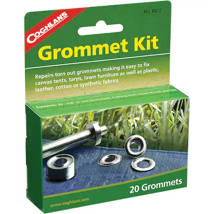 No. 8812 COGHLANS Grommet Kit
Repairs torn out grommets making it easy to fix canvas tents, tarps, lawn furniture, leather, cotton or synthetic fabrics as well as plastic, metal, and masonry.
Contents: 20 - 3/8" (1 cm) Grommets, Cutting Tool, Insert Punch and Die
20 Grommets
www.coghlans.com