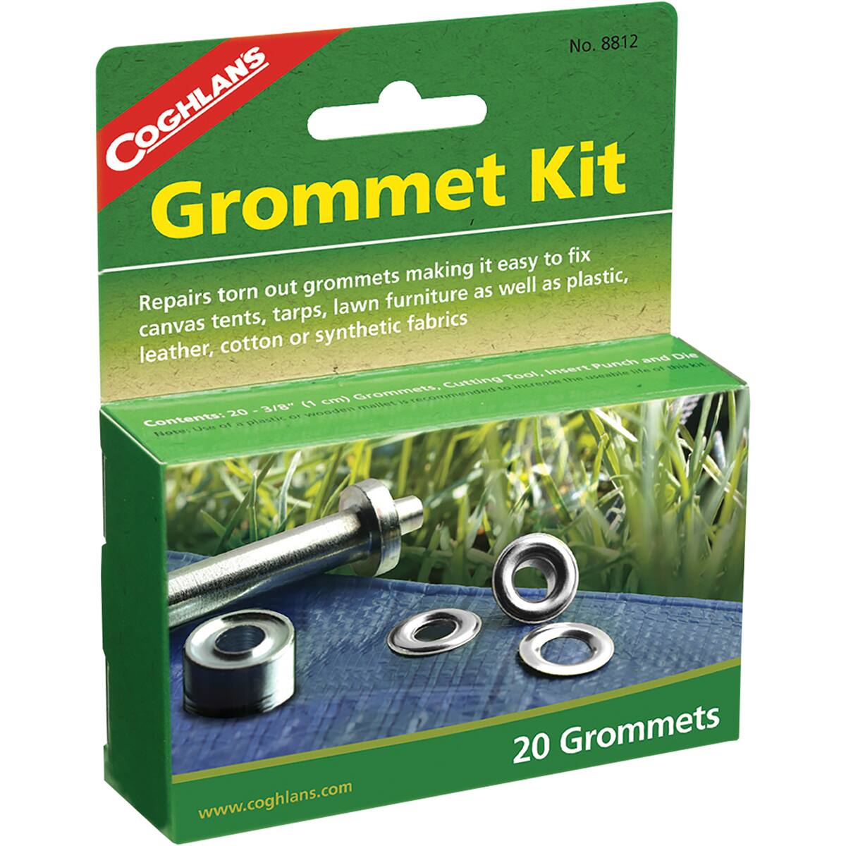 No. 8812 COGHLANS Grommet Kit

Repairs torn out grommets making it easy to fix canvas tents, tarps, lawn furniture, leather, cotton or synthetic fabrics as well as plastic, metal, and masonry.

Contents: 20 - 3/8" (1 cm) Grommets, Cutting Tool, Insert Punch and Die

20 Grommets

www.coghlans.com