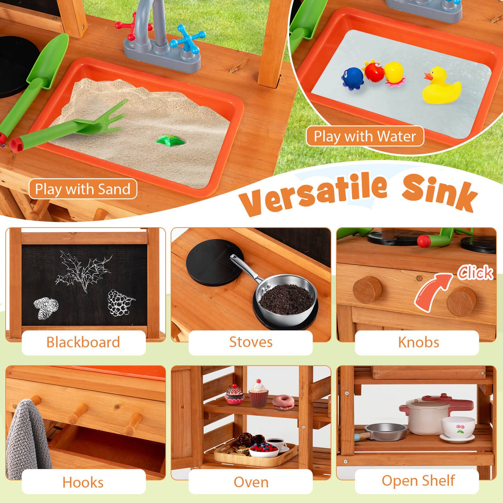 - Play with Sand
- Play with Water
- Versatile Sink
- Blackboard
- Stoves
- Knobs
- Hooks
- Oven
- Open Shelf
