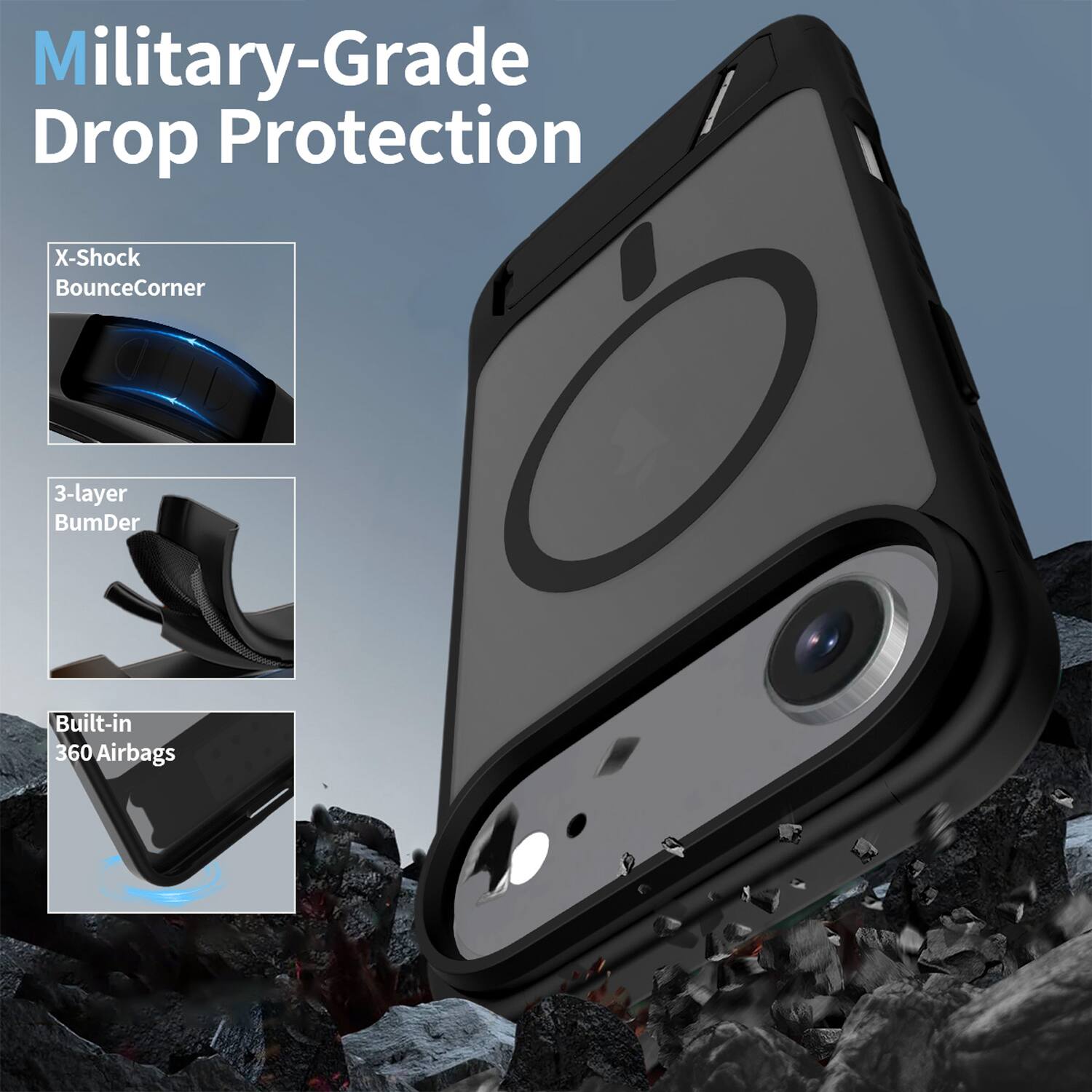 Military-Grade Drop Protection  
X-Shock BounceCorner  
3-layer BumDer  
Built-in 360 Airbags