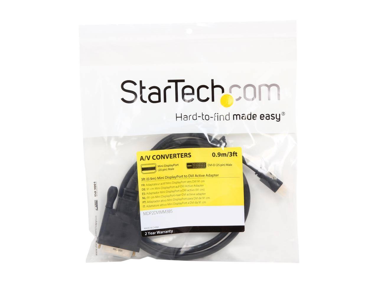 StarTech Hard-to-find made easy

9001 ISO

CONVERTERS 0.9m/3ft A/V Mini-DisplayPort DVI-D (25 pin) Male (20 pin) Male DisplayPort to DVI Active Adapter 3ft (0.9m) Mini vers DVI 91 cm actif Mini DisplayPort FR: Adaptateur Active-Adapter DE:9 cm Mini-DisplayPort-auf-DVI 91 cm) DisplayPort E DVI activo Adaptador Mini F5: actieve adapter NL: 91 cm Mini DisplayPort-naar-DVI DVI de 91 cm DisplayPort para ativo Mini PT: Adaptador E DVI da 91 cm attivo Mithi DisplayPort IT: Adattatore MDP2DVIMM3BS

MADE IN CHINA 2 Year Warranty