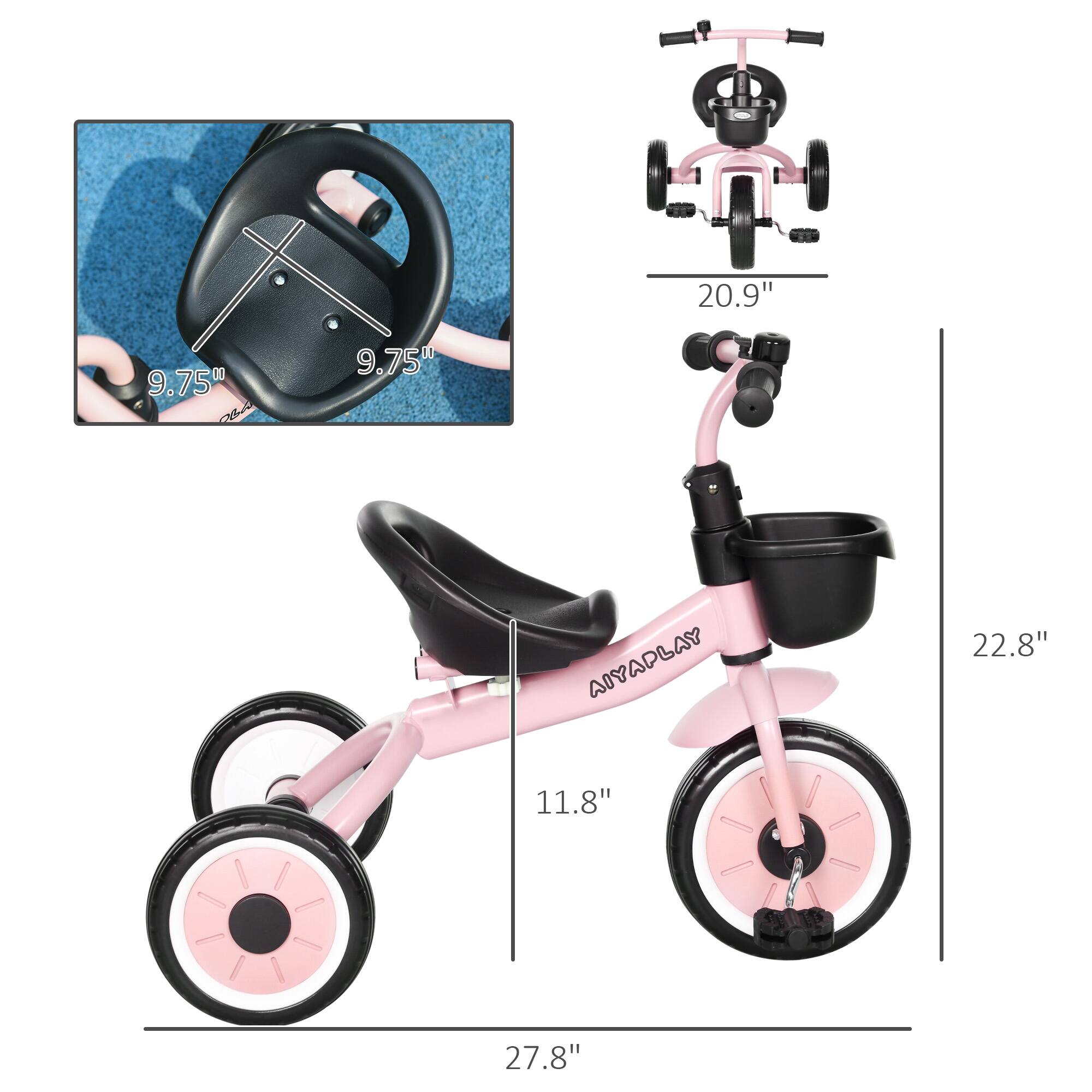 - Steering wheel: 9.75" x 9.75"
- Overall length: 27.8"
- Overall height: 22.8"
- Seat height: 11.8"
- Handlebar height: 20.9"