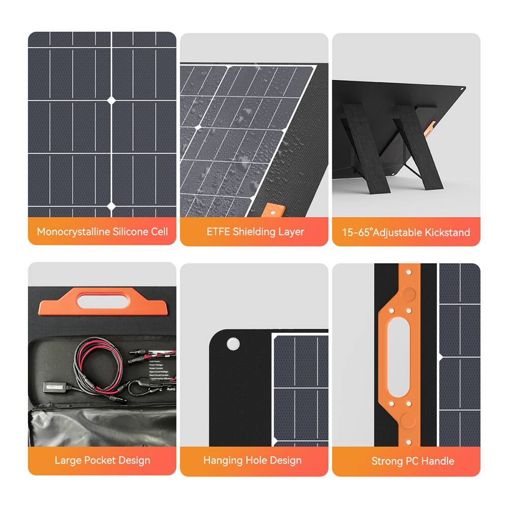 Monocrystalline Silicone Cell  
ETFE Shielding Layer  
15-65° Adjustable Kickstand  
Large Pocket Design  
Hanging Hole Design  
Strong PC Handle