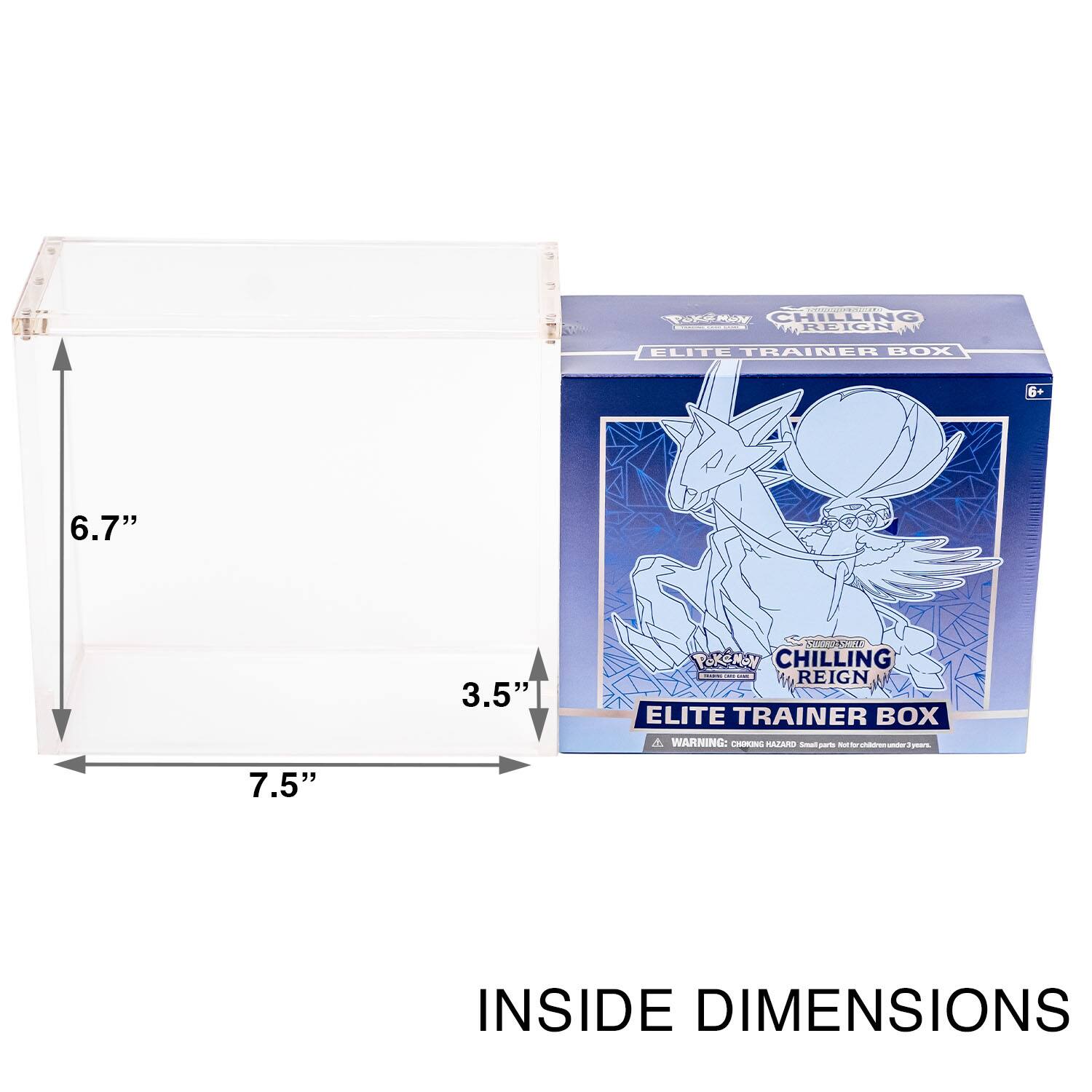 .co TMN MAN CHILLIN REICH ELITE TRAINER BOX 6+ 6.7" 3.5" CA PoKeMoN CHILLING | I : REIGN ELITE TRAINER BOX WARNING: CHMONG RAZARO -an srts - - - - Jts 7.5" INSIDE DIMENSIONS