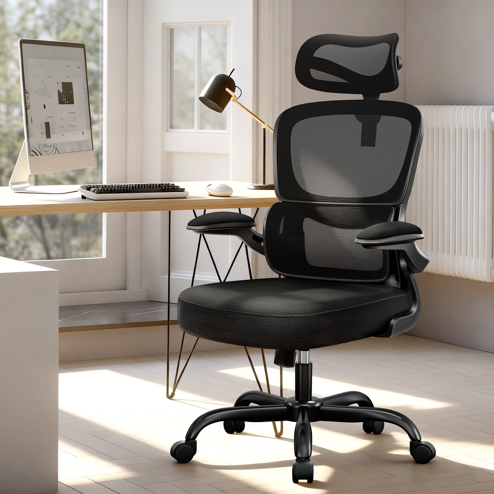 Front. KERDOM - High Back Ergonomic Office Chair, Breathable Mesh Desk Chair with Lumbar Support, Flip-up Arms, Computer Gaming Chair - Black.