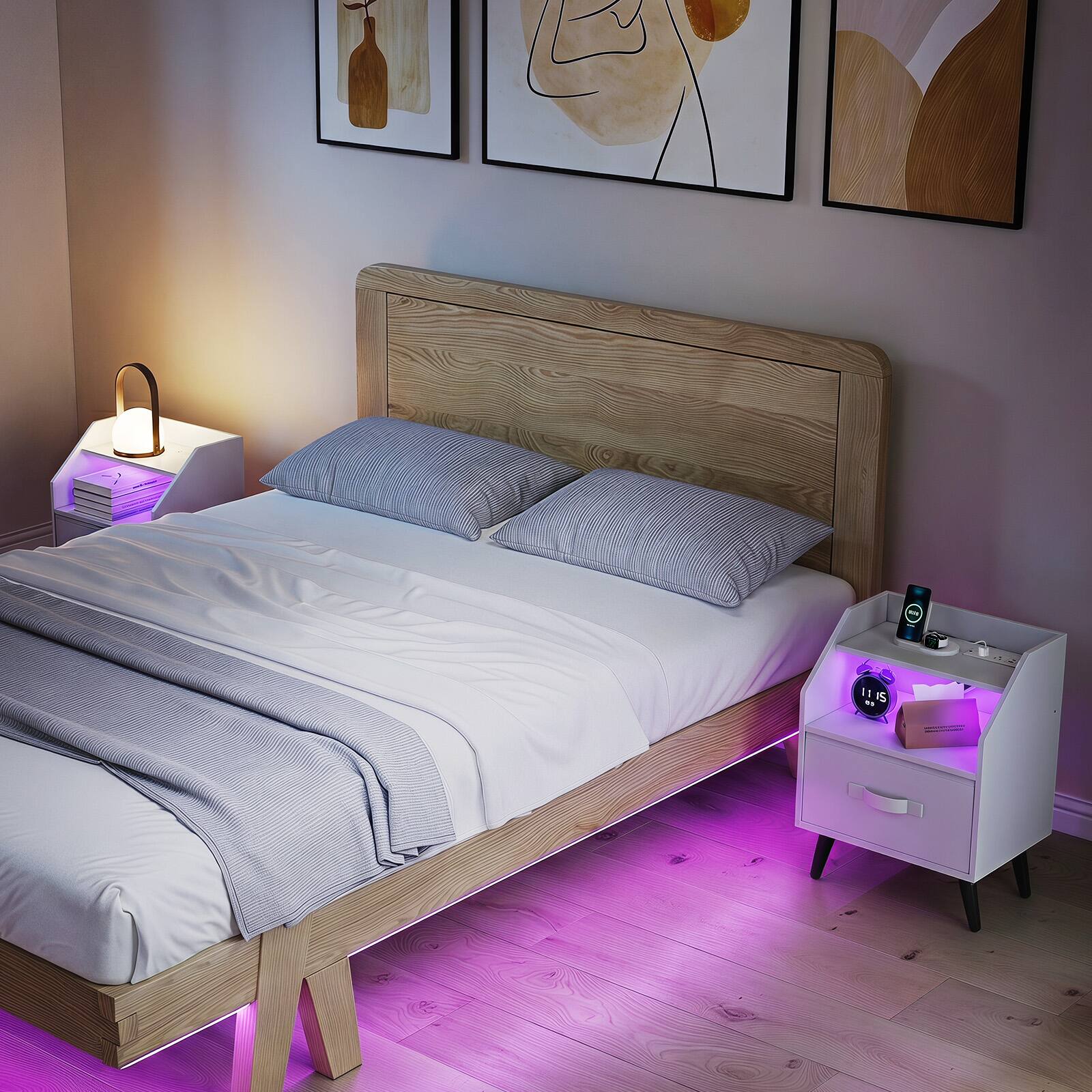Alt View 4. Costway - Costway 2 PCS Nightstand with LED Lights & Power Outlets, Fabric Drawer & Open Storage Shelf - White.